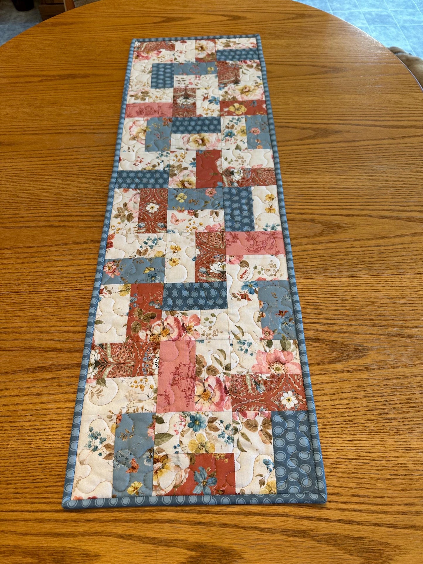 Farmhouse Quilted Table Runner: 13 x 40, Country Blue, Cream & Red, Kitchen Centerpiece