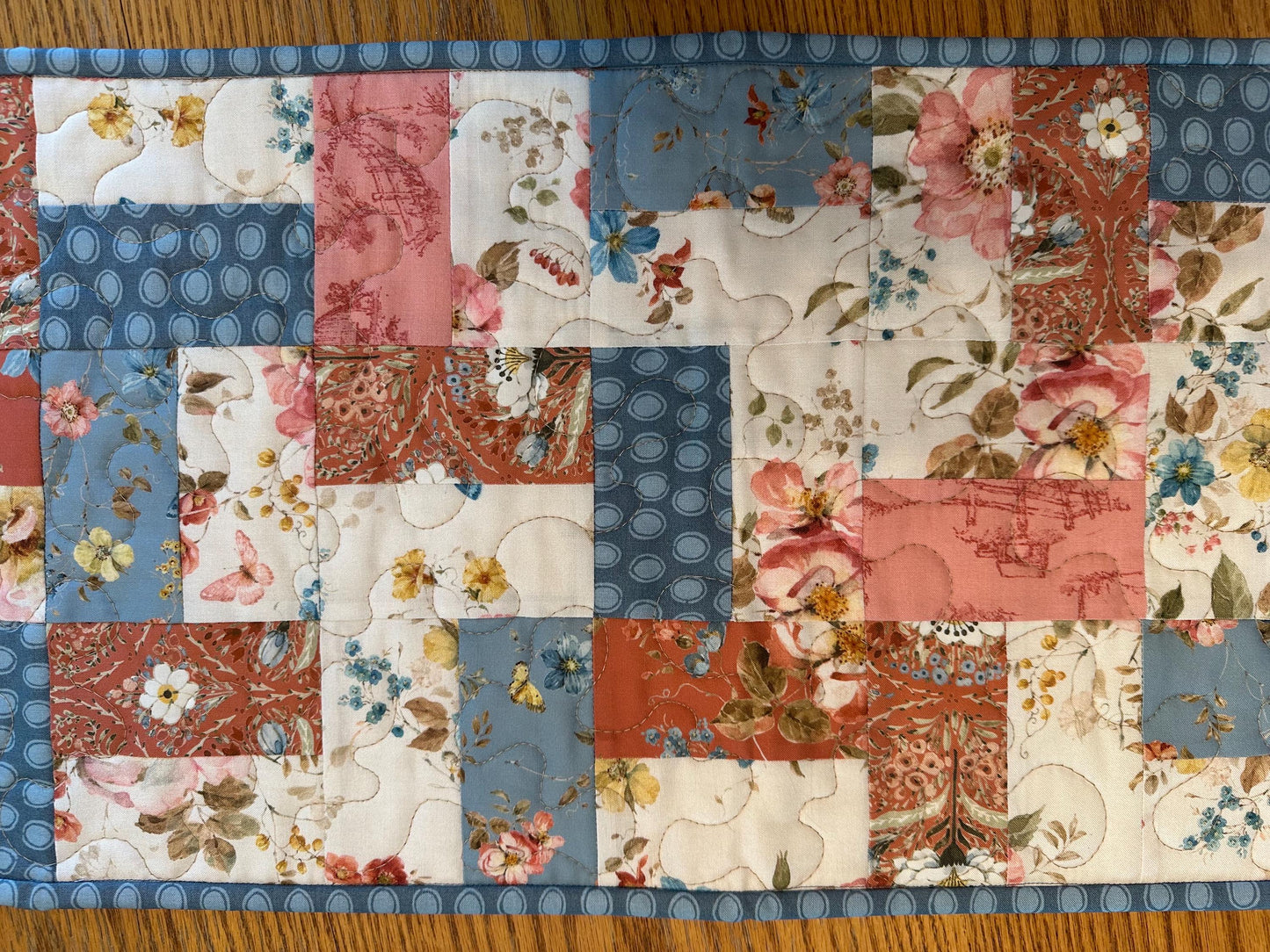 Farmhouse Quilted Table Runner: 13 x 40, Country Blue, Cream & Red, Kitchen Centerpiece