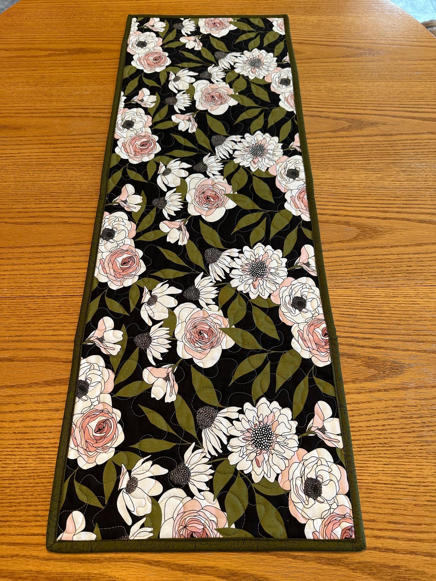 Floral Quilted Table Runner: Handmade Cotton Kitchen Centerpiece 13x40