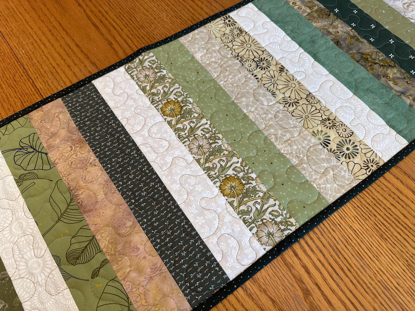 Green Floral Quilted Table Runner: 14 x 40, Handmade Kitchen Centerpiece Seasonal Home Decor