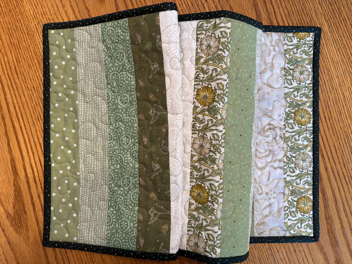 Green Floral Quilted Table Runner: 14 x 40, Handmade Kitchen Centerpiece Seasonal Home Decor