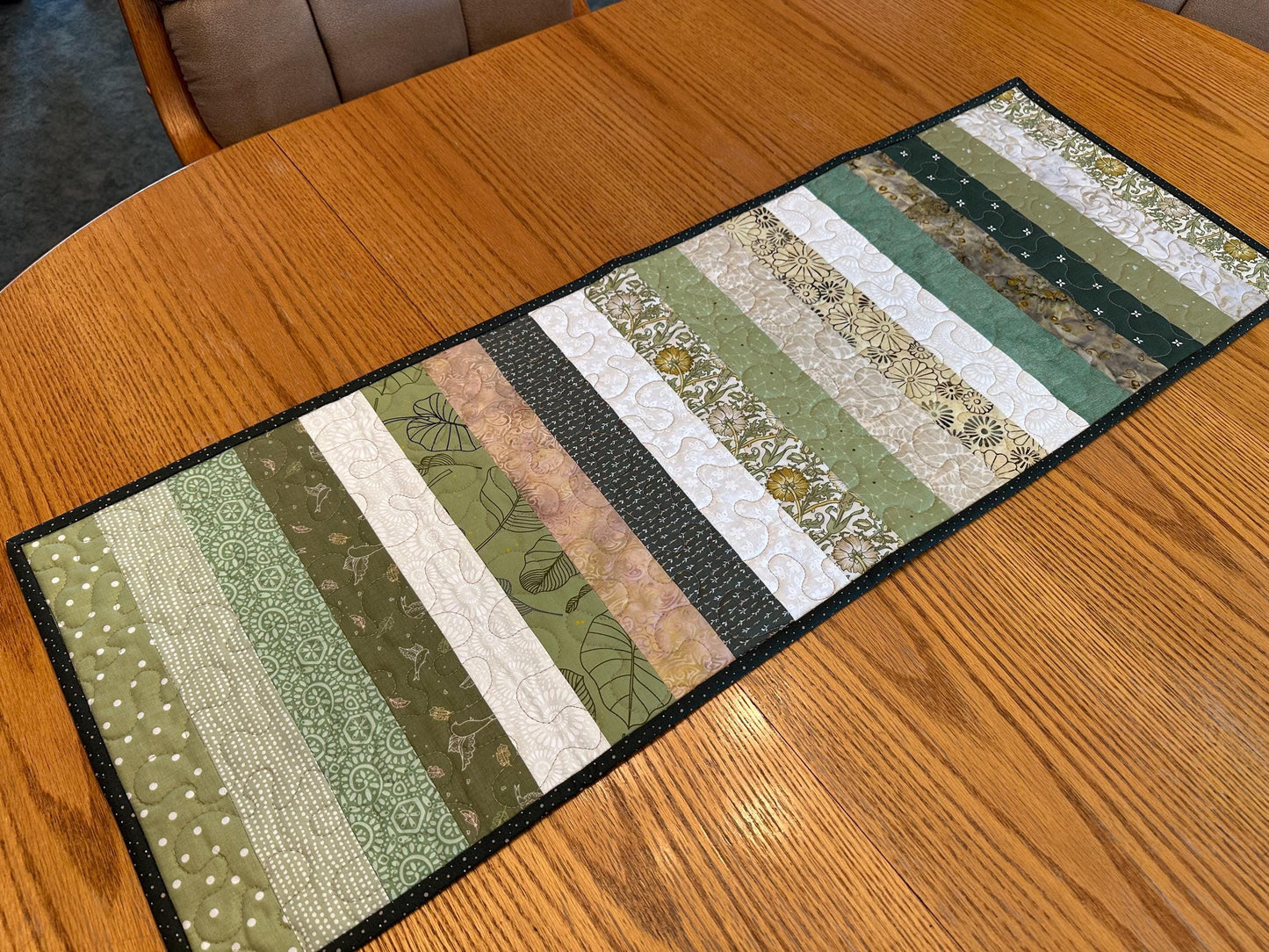 Green Floral Quilted Table Runner: 14 x 40, Handmade Kitchen Centerpiece Seasonal Home Decor