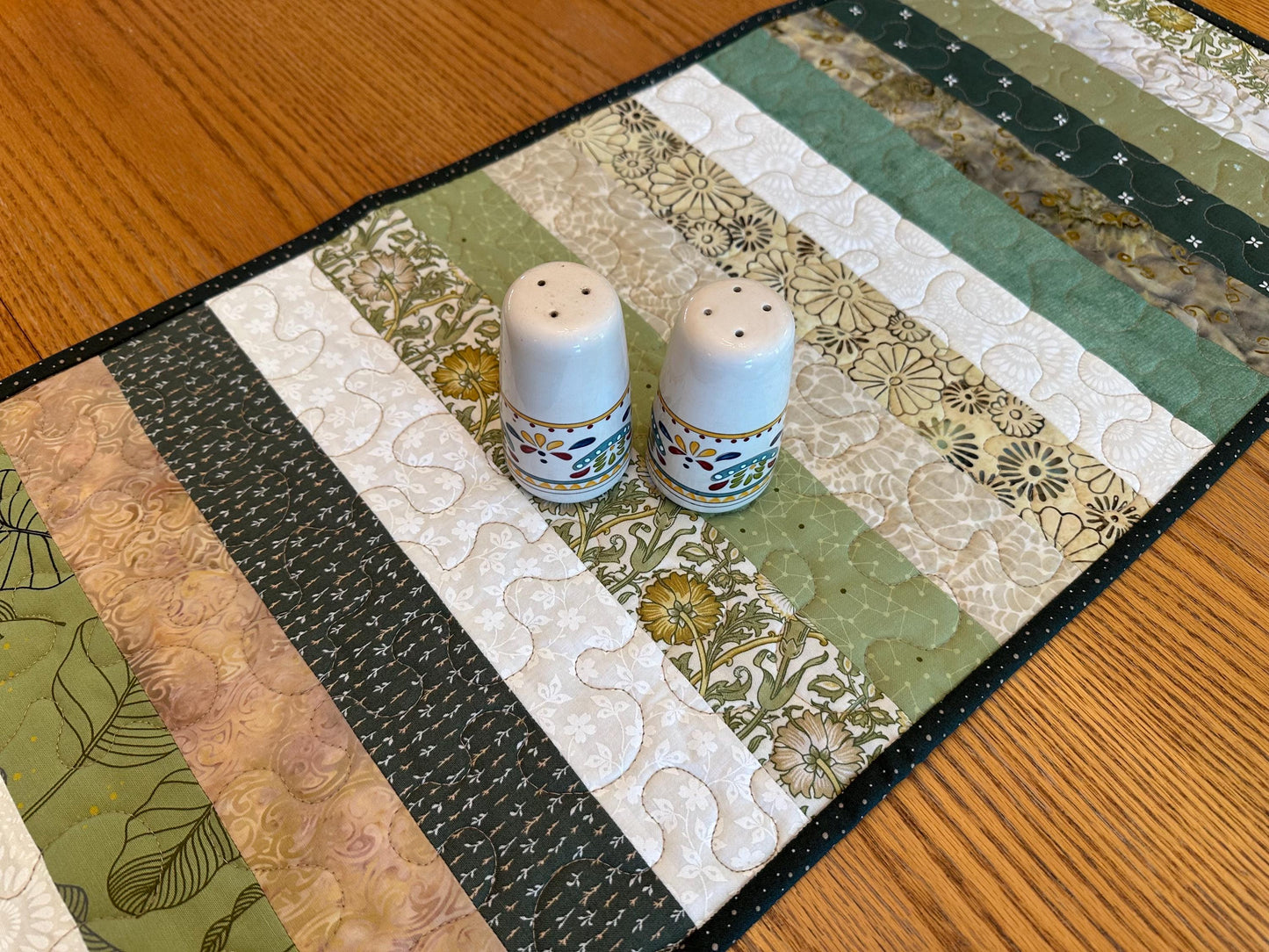 Green Floral Quilted Table Runner: 14 x 40, Handmade Kitchen Centerpiece Seasonal Home Decor