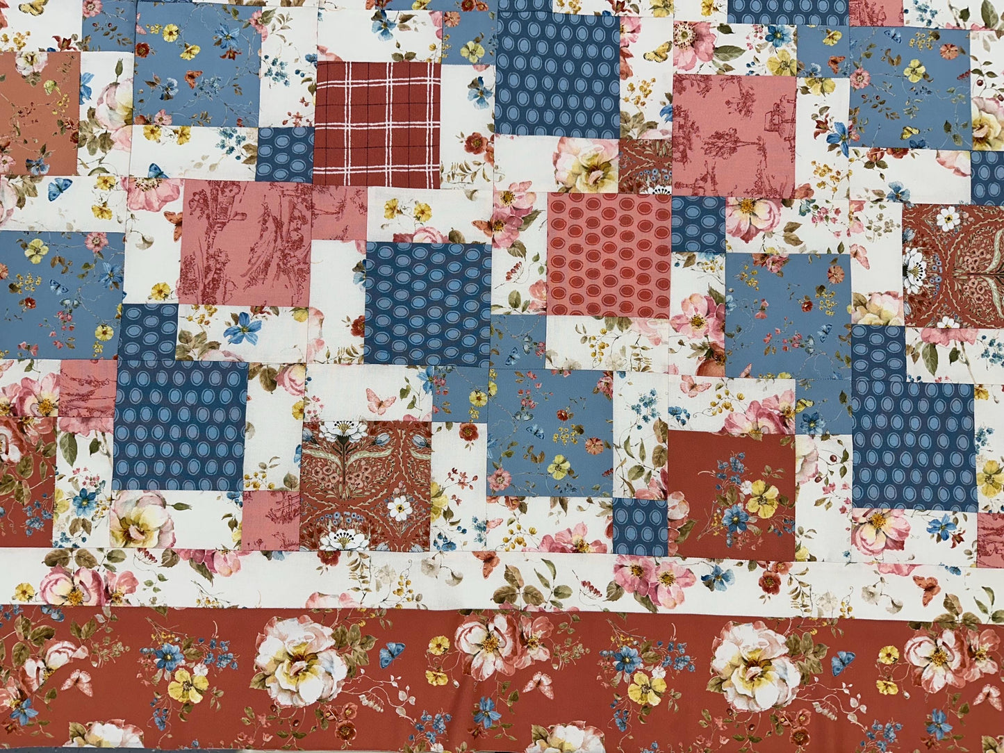 Handmade Floral Patchwork Unfinished Quilt Top: Blue & Red Country Lap Throw (58x72 inches)