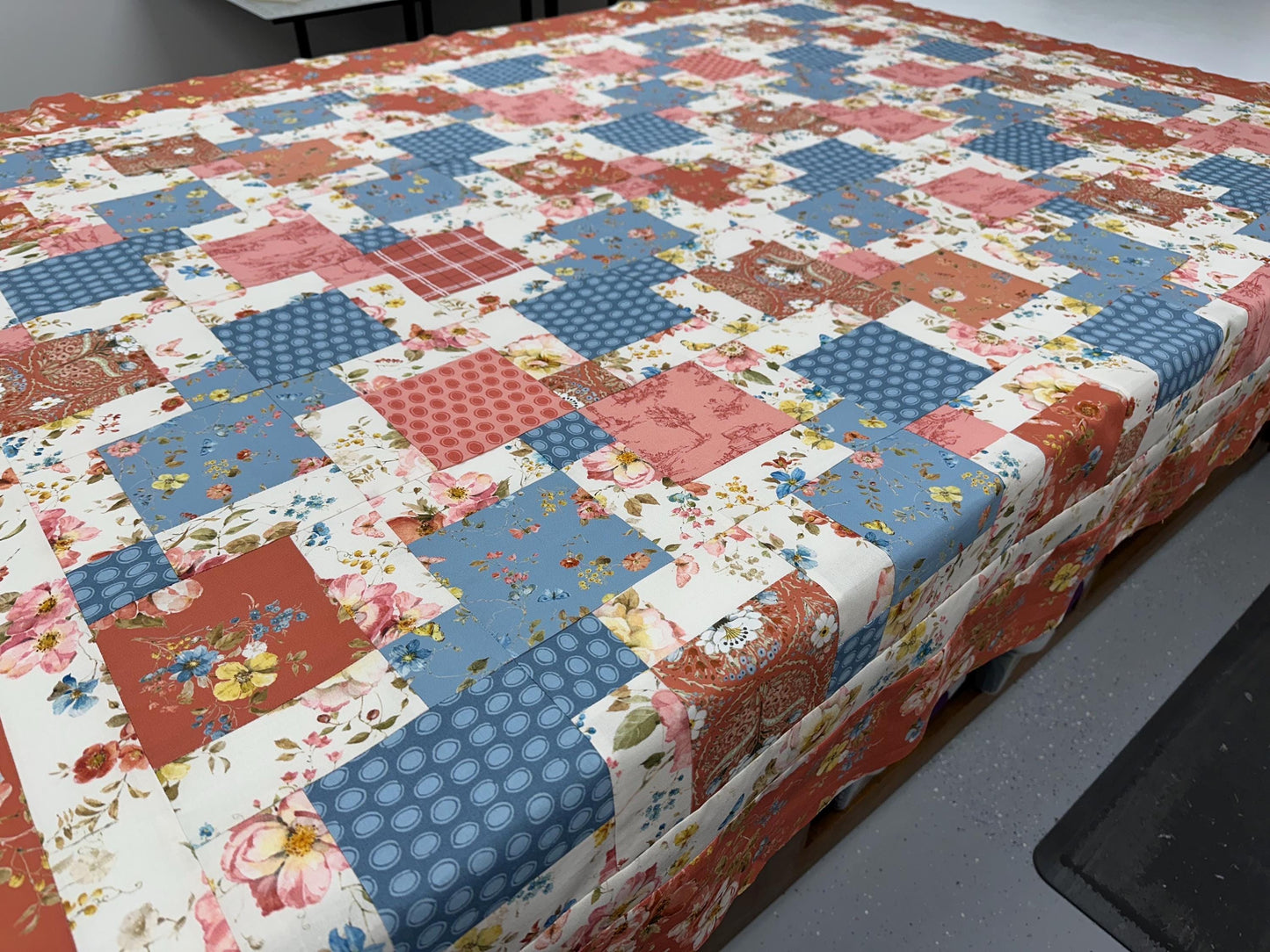 Handmade Floral Patchwork Unfinished Quilt Top: Blue & Red Country Lap Throw (58x72 inches)