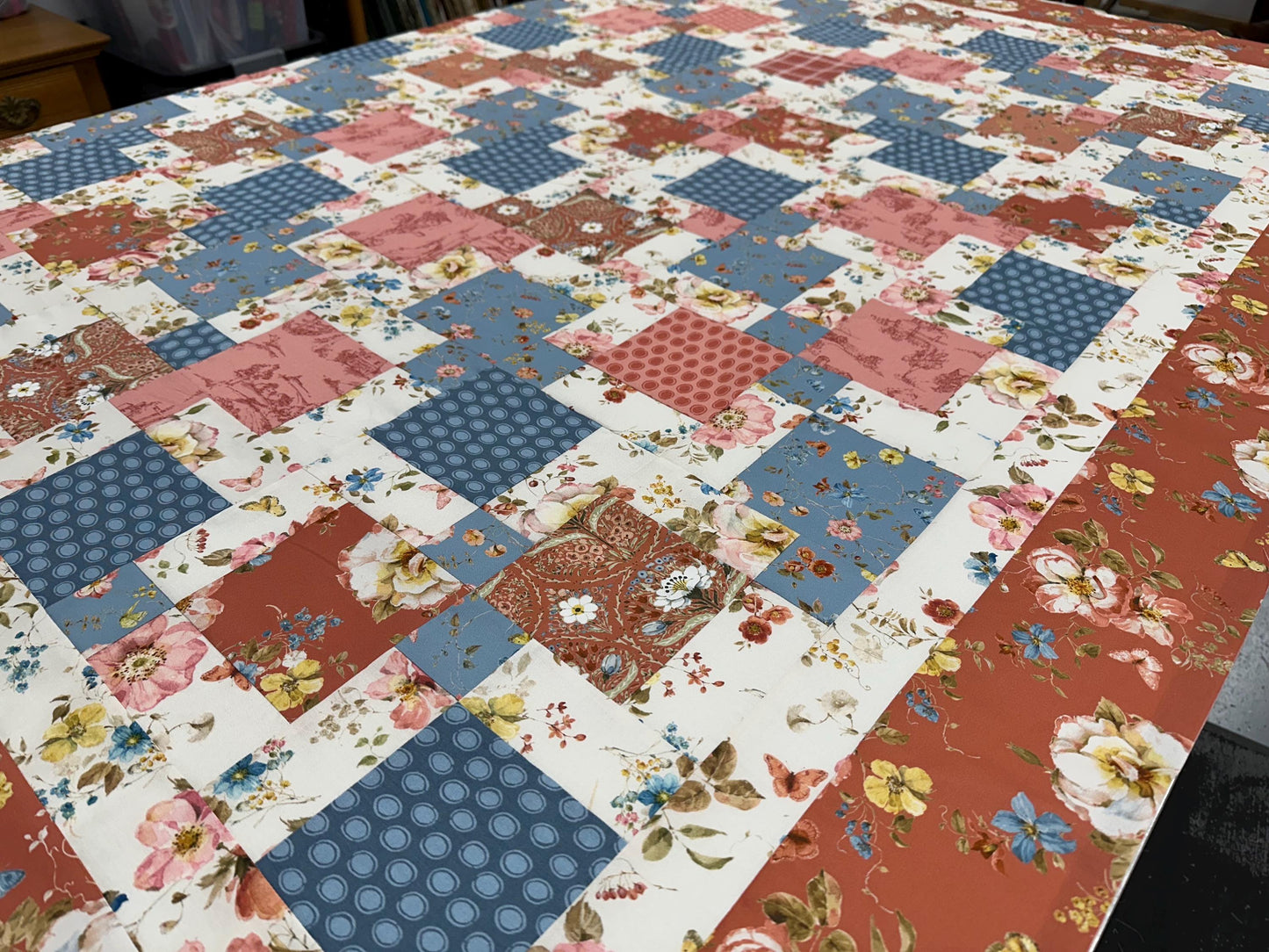 Handmade Floral Patchwork Unfinished Quilt Top: Blue & Red Country Lap Throw (58x72 inches)