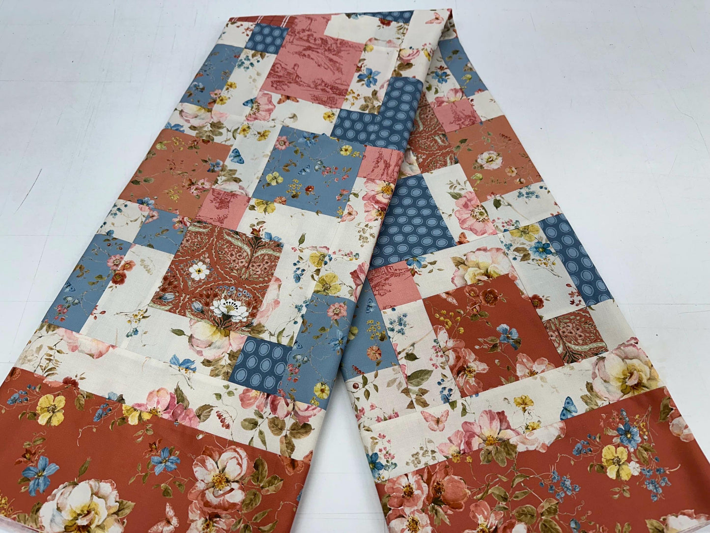 Handmade Floral Patchwork Unfinished Quilt Top: Blue & Red Country Lap Throw (58x72 inches)