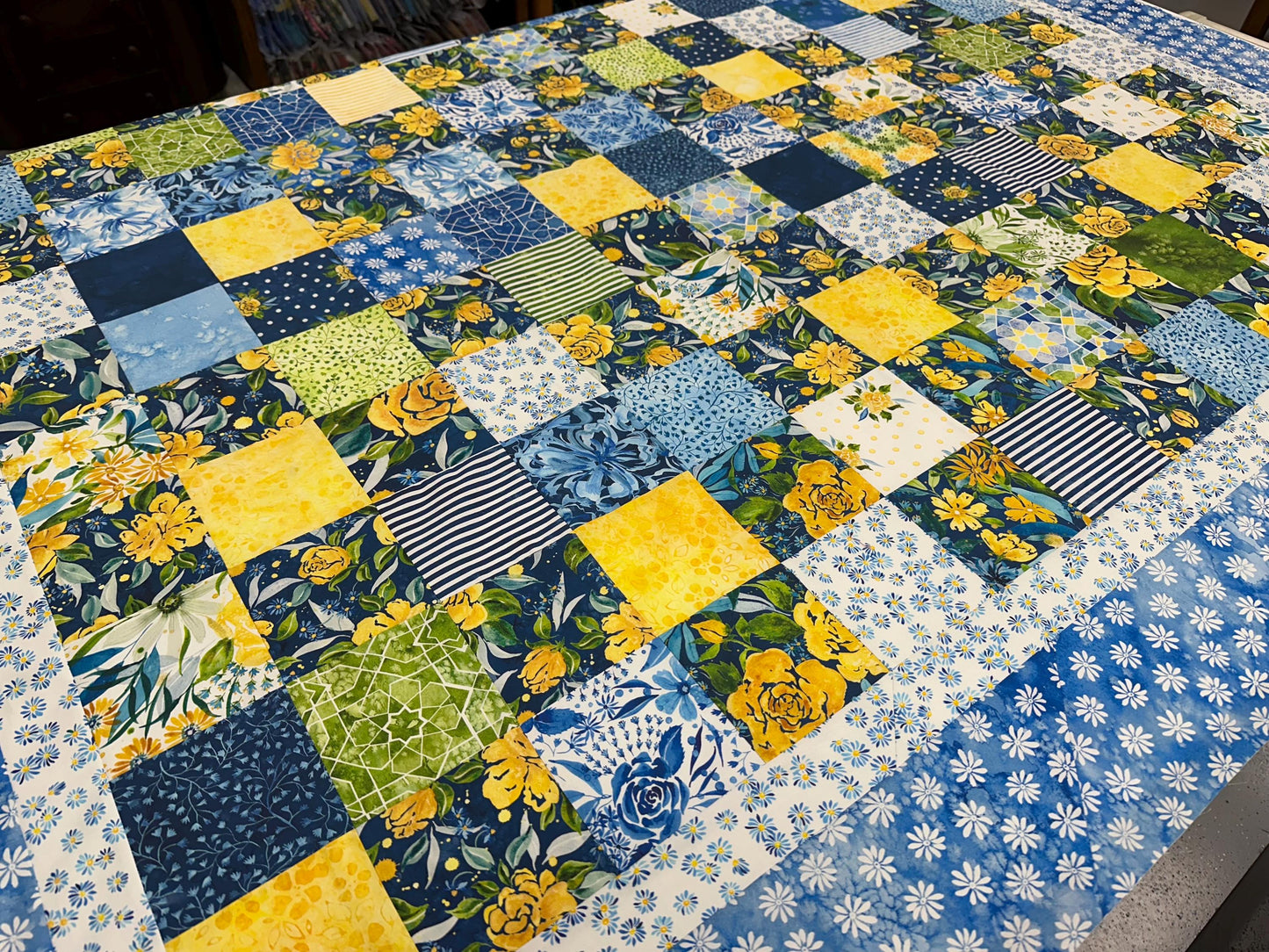 Handmade Floral Patchwork Unfinished Quilt Top: Blue, Yellow, Green 60x73