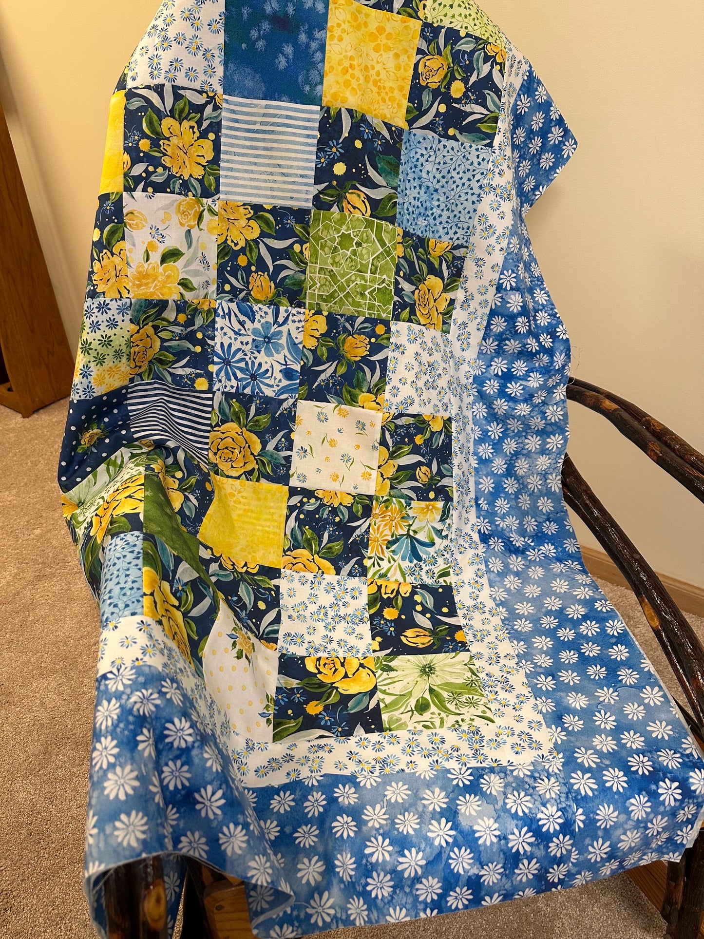 Handmade Floral Patchwork Unfinished Quilt Top: Blue, Yellow, Green 60x73