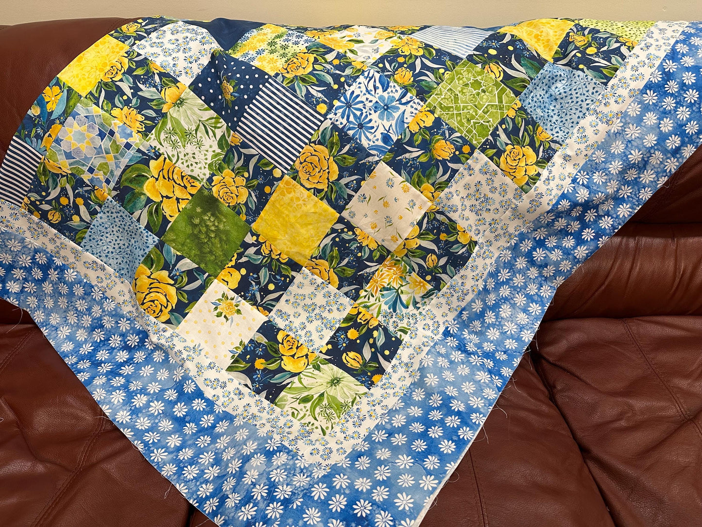 Handmade Floral Patchwork Unfinished Quilt Top: Blue, Yellow, Green 60x73