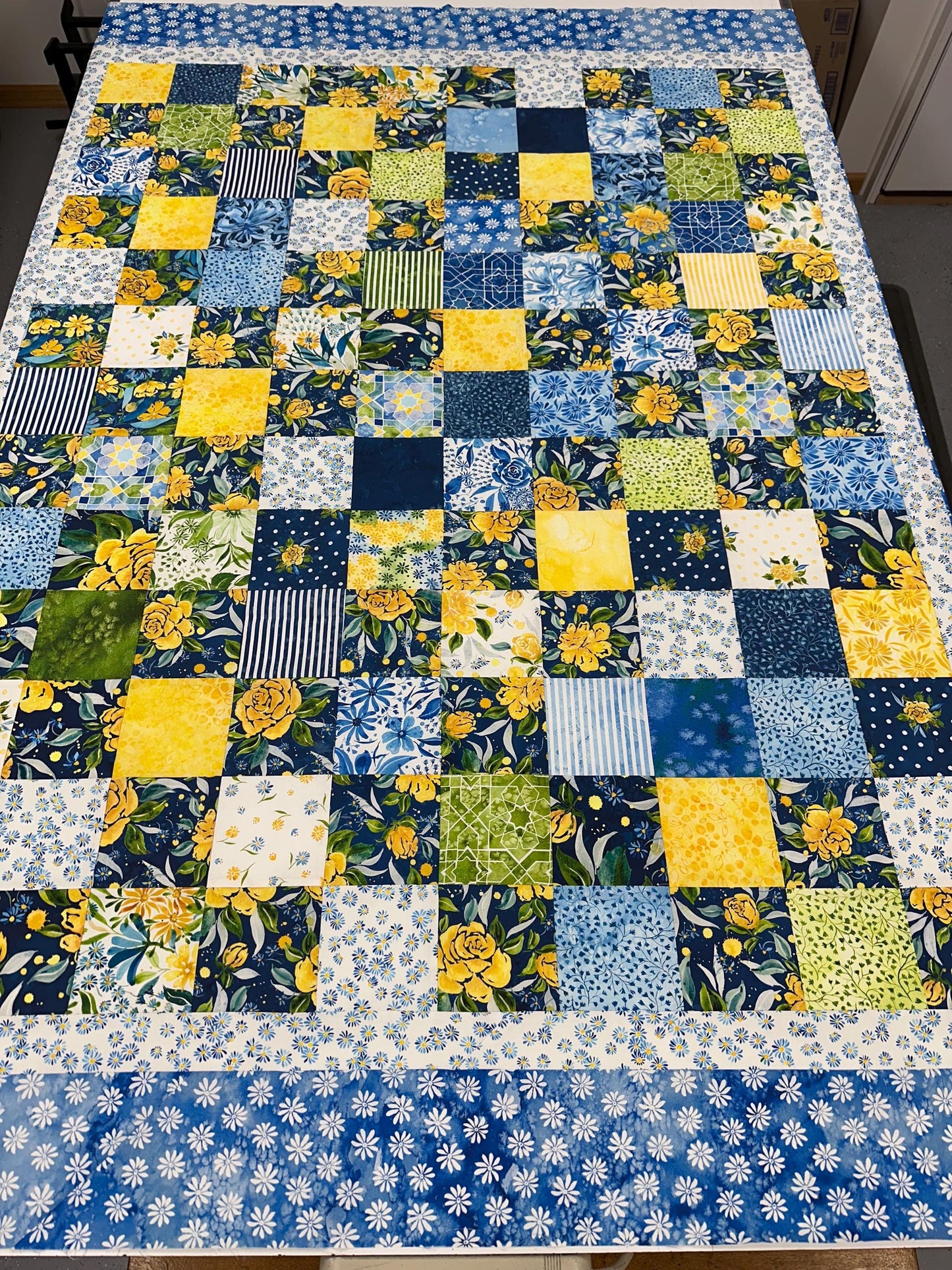 Handmade Floral Patchwork Unfinished Quilt Top: Blue, Yellow, Green 60x73