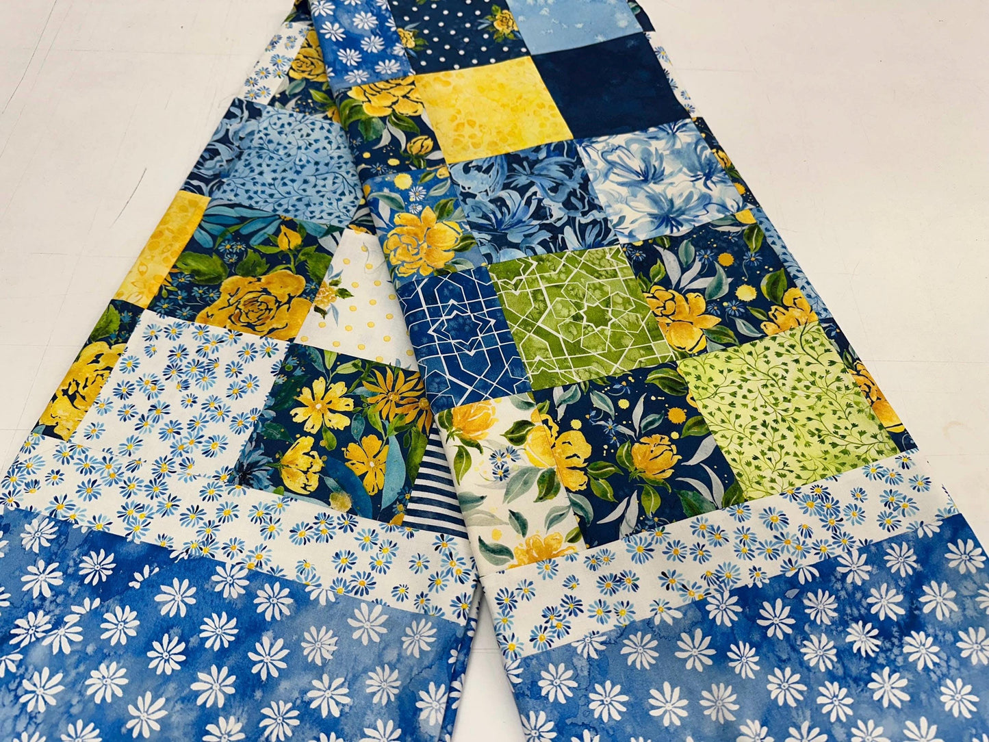 Handmade Floral Patchwork Unfinished Quilt Top: Blue, Yellow, Green 60x73