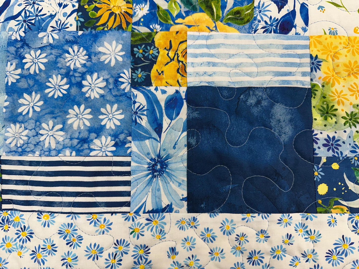 Handmade Patchwork Quilt: Sunshine Blue Skies Floral Cotton Throw 59x72