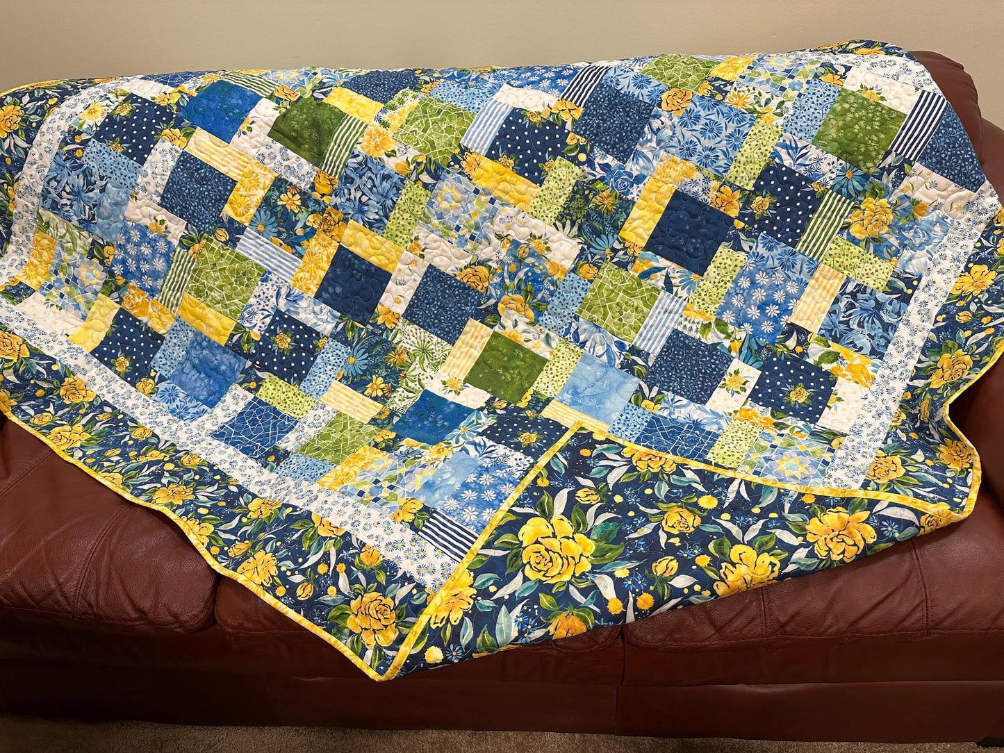 Handmade Patchwork Quilt: Sunshine Blue Skies Floral Cotton Throw 59x72