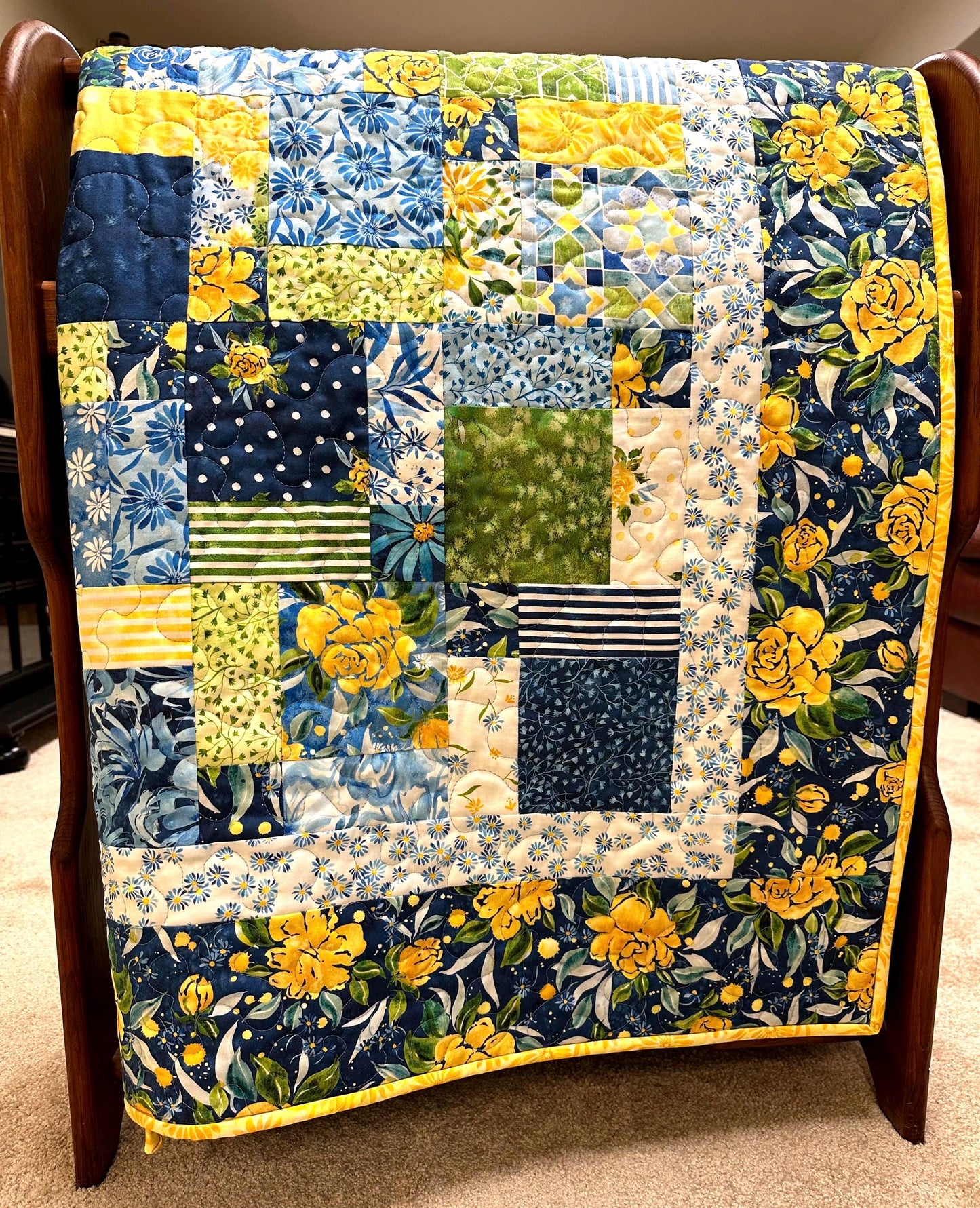 Handmade Patchwork Quilt: Sunshine Blue Skies Floral Cotton Throw 59x72
