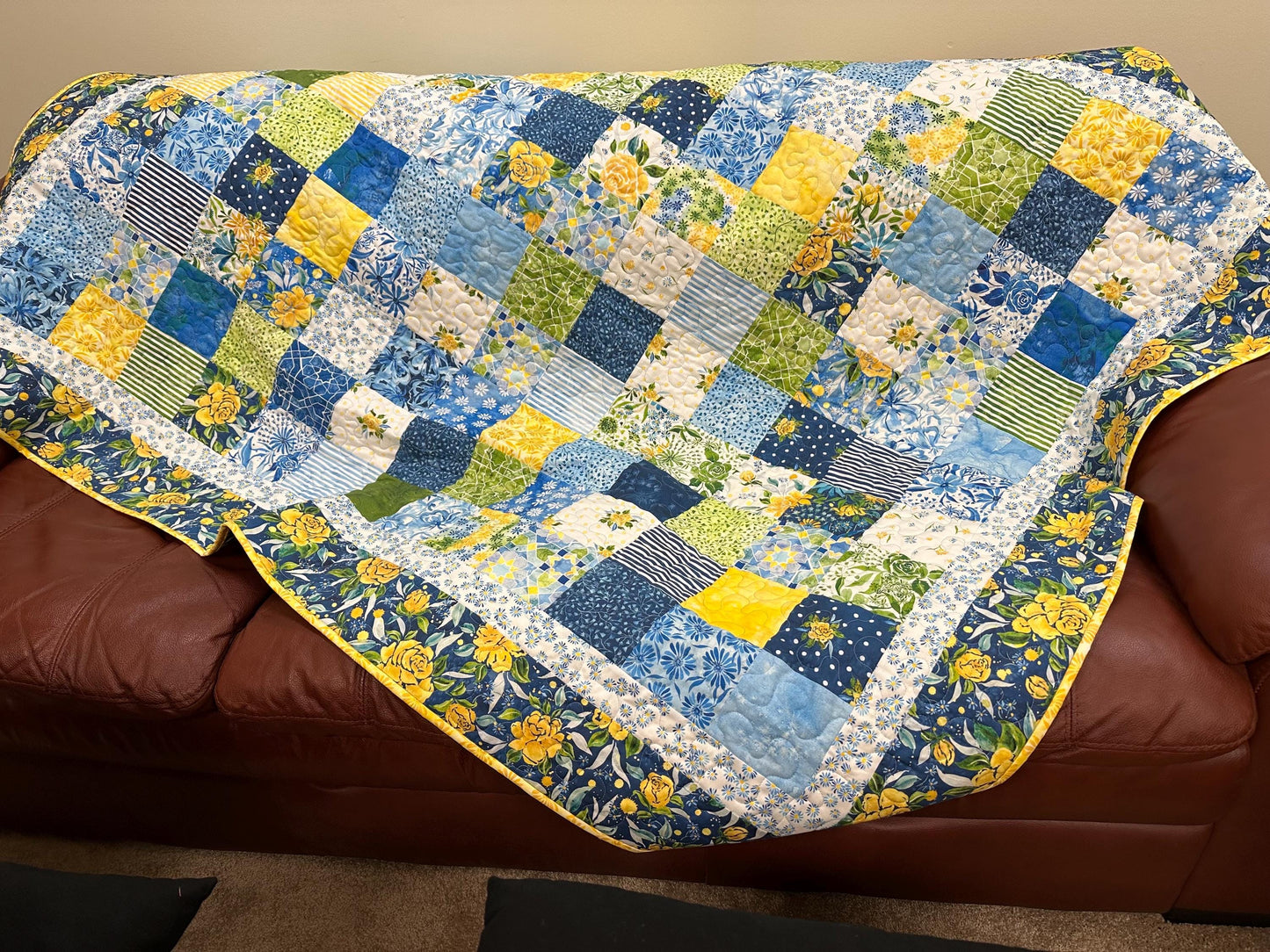 Handmade Patchwork Quilt: Sunshine Blue Skies Floral Cotton Throw 58x72