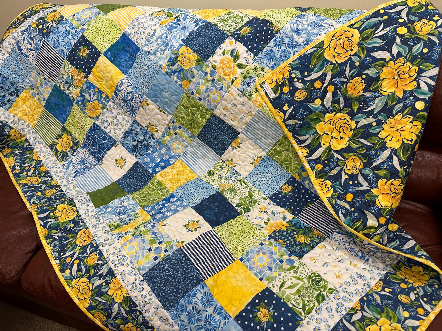 Handmade Patchwork Quilt: Sunshine Blue Skies Floral Cotton Throw 58x72