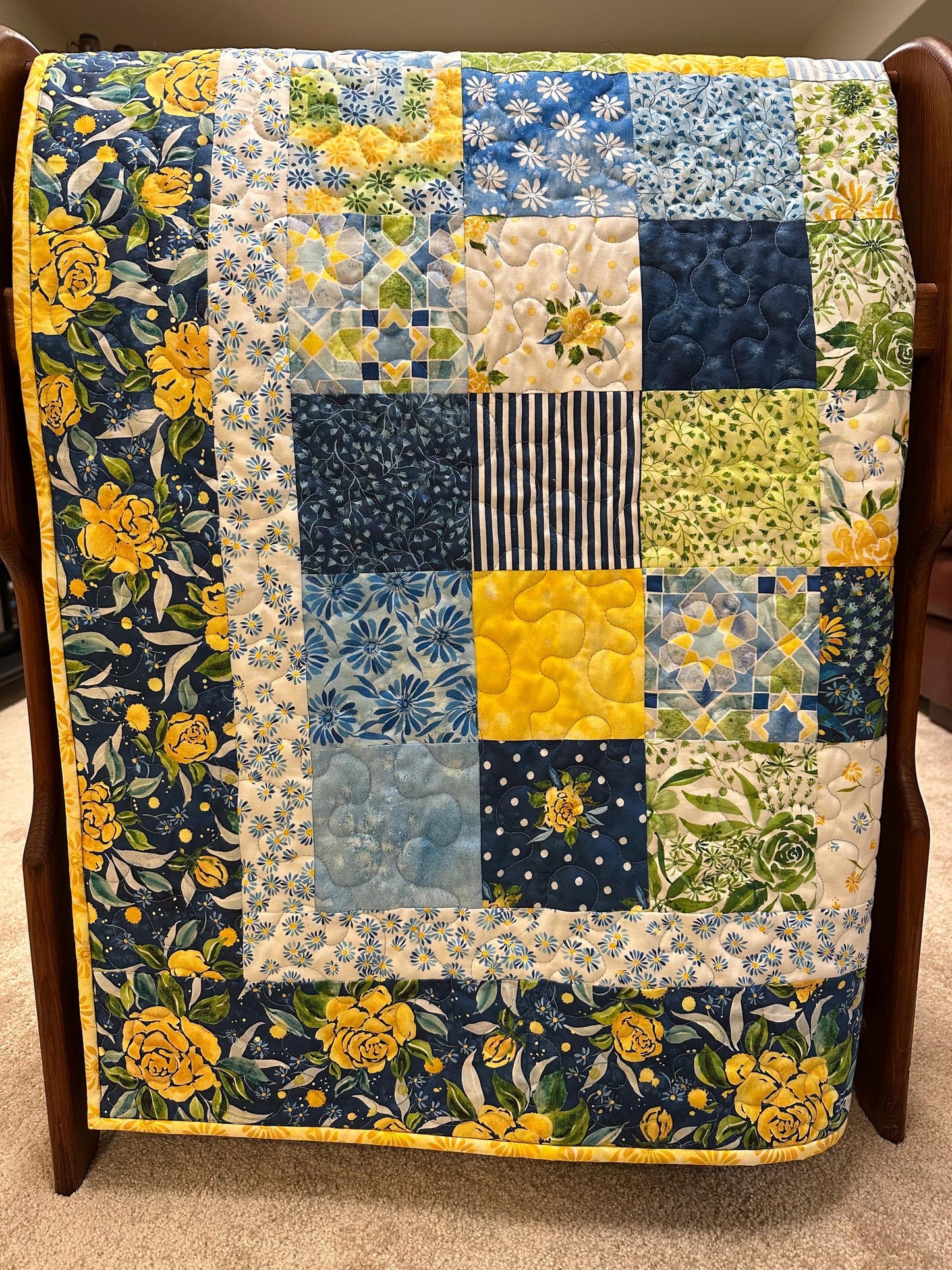 Handmade Patchwork Quilt: Sunshine Blue Skies Floral Cotton Throw 58x72