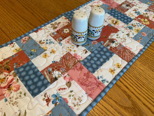 Farmhouse Quilted Table Runner: 13 x 40, Country Blue, Cream & Red, Kitchen Centerpiece