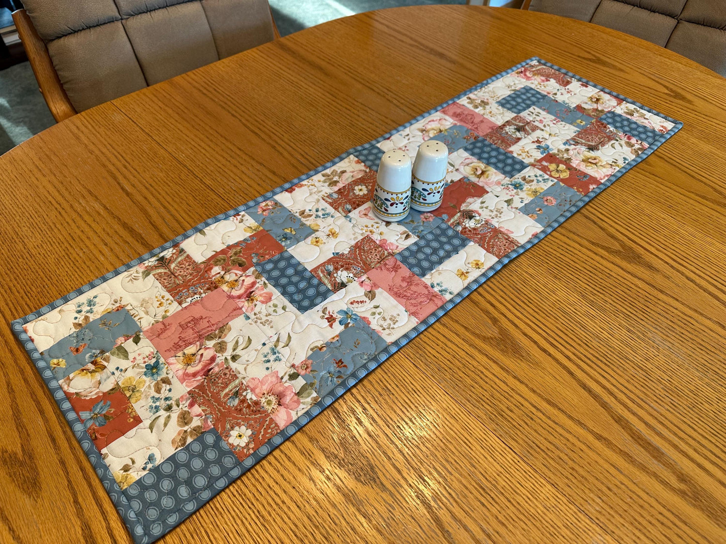 Farmhouse Quilted Table Runner: 13 x 40, Country Blue, Cream & Red, Kitchen Centerpiece