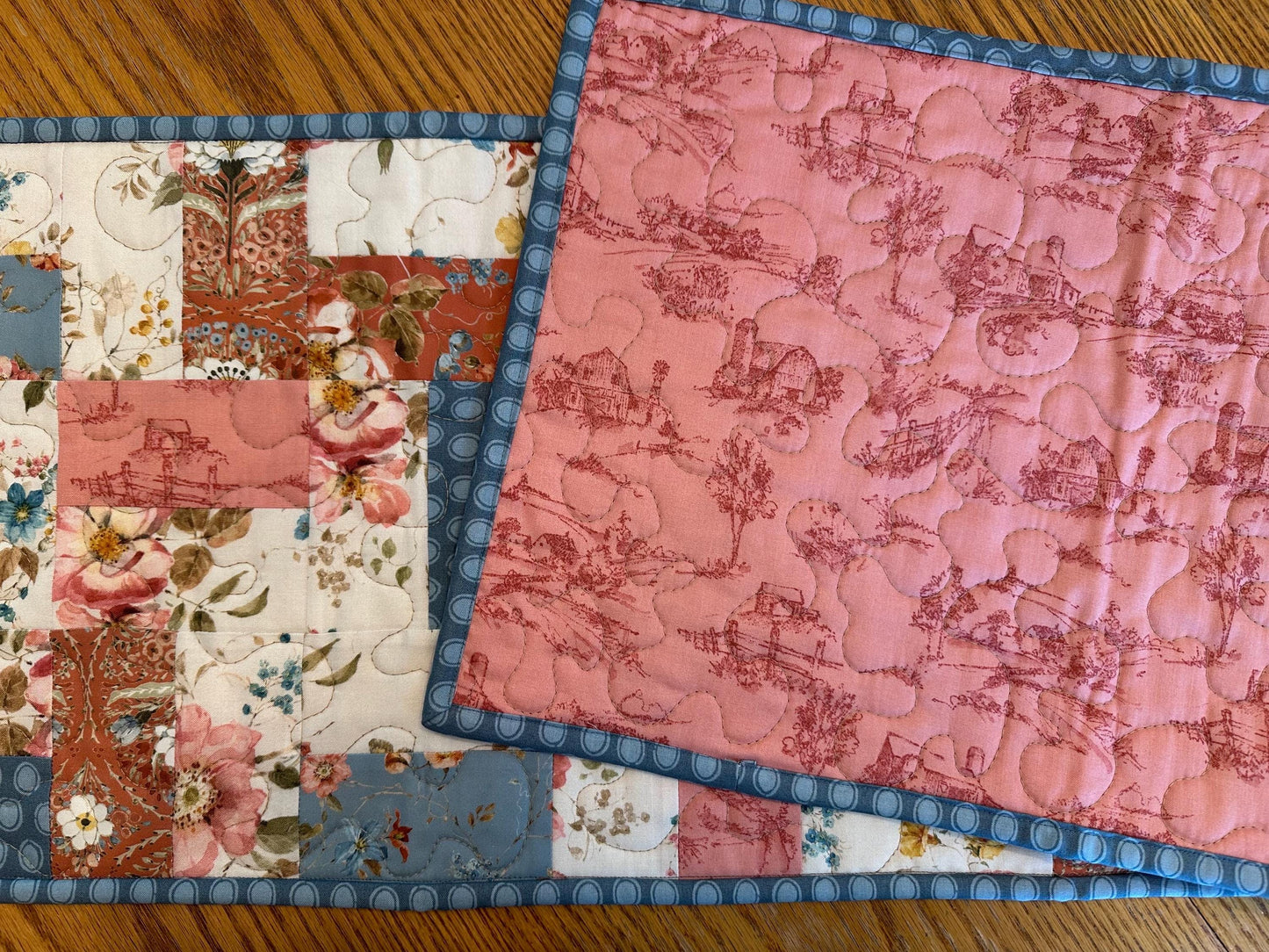 Farmhouse Quilted Table Runner: 13 x 40, Country Blue, Cream & Red, Kitchen Centerpiece