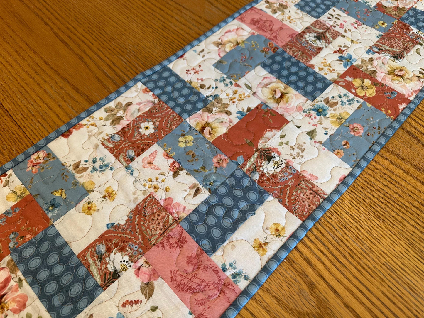 Farmhouse Quilted Table Runner: 13 x 40, Country Blue, Cream & Red, Kitchen Centerpiece