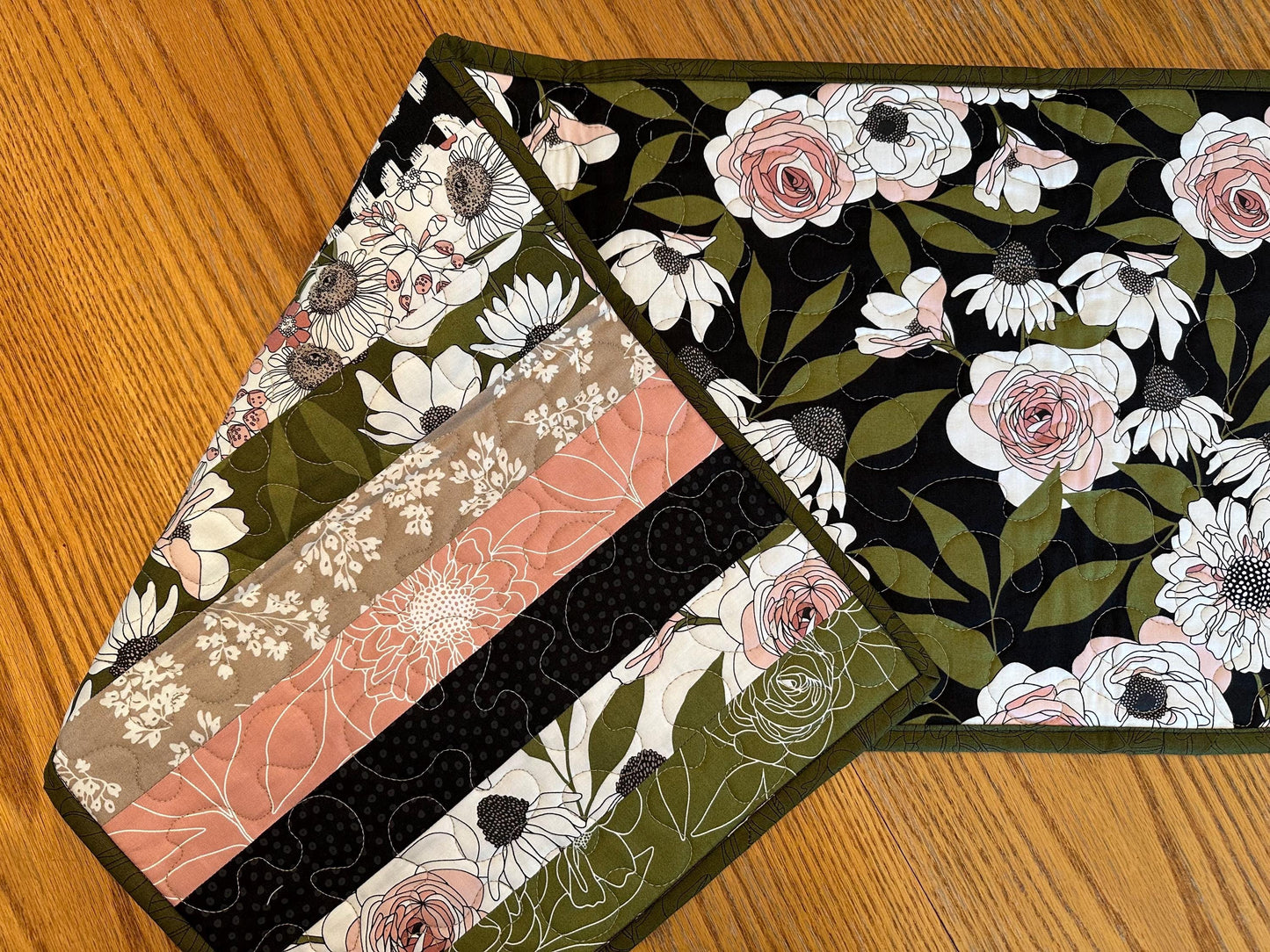 Botanical Floral Quilted Table Runner: 14 x 40, Handmade Kitchen Centerpiece Seasonal Home Decor