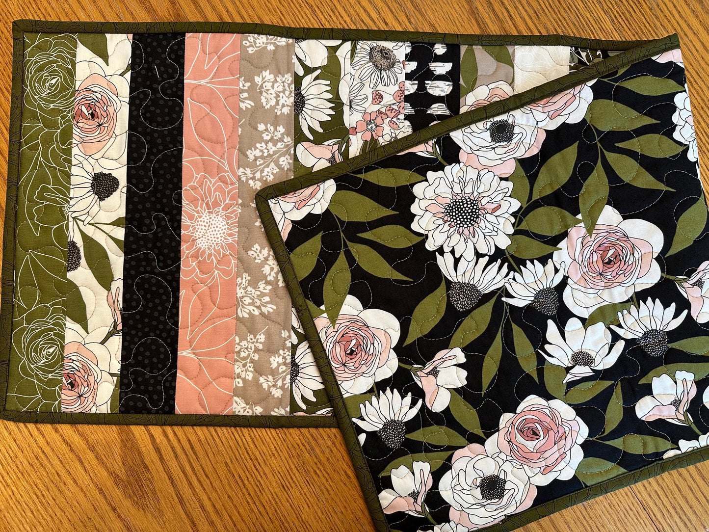 Botanical Floral Quilted Table Runner: 14 x 40, Handmade Kitchen Centerpiece Seasonal Home Decor