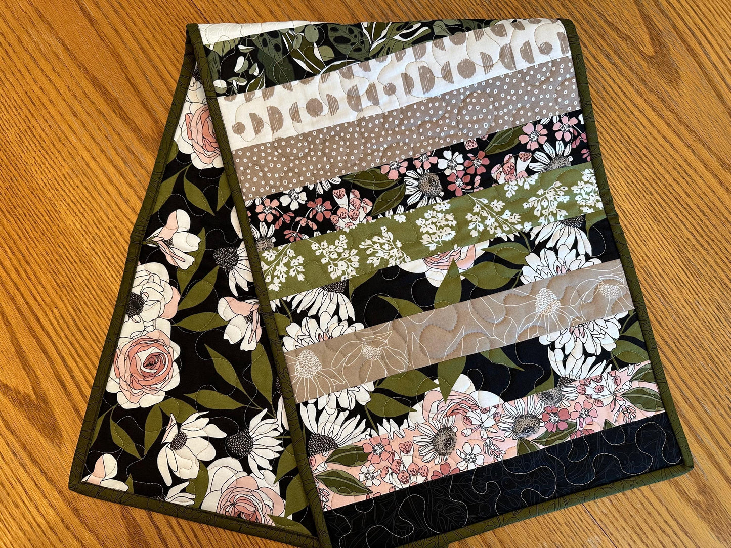 Botanical Floral Quilted Table Runner: 14 x 40, Handmade Kitchen Centerpiece Seasonal Home Decor