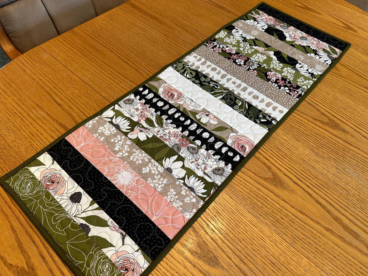 Botanical Floral Quilted Table Runner: 14 x 40, Handmade Kitchen Centerpiece Seasonal Home Decor