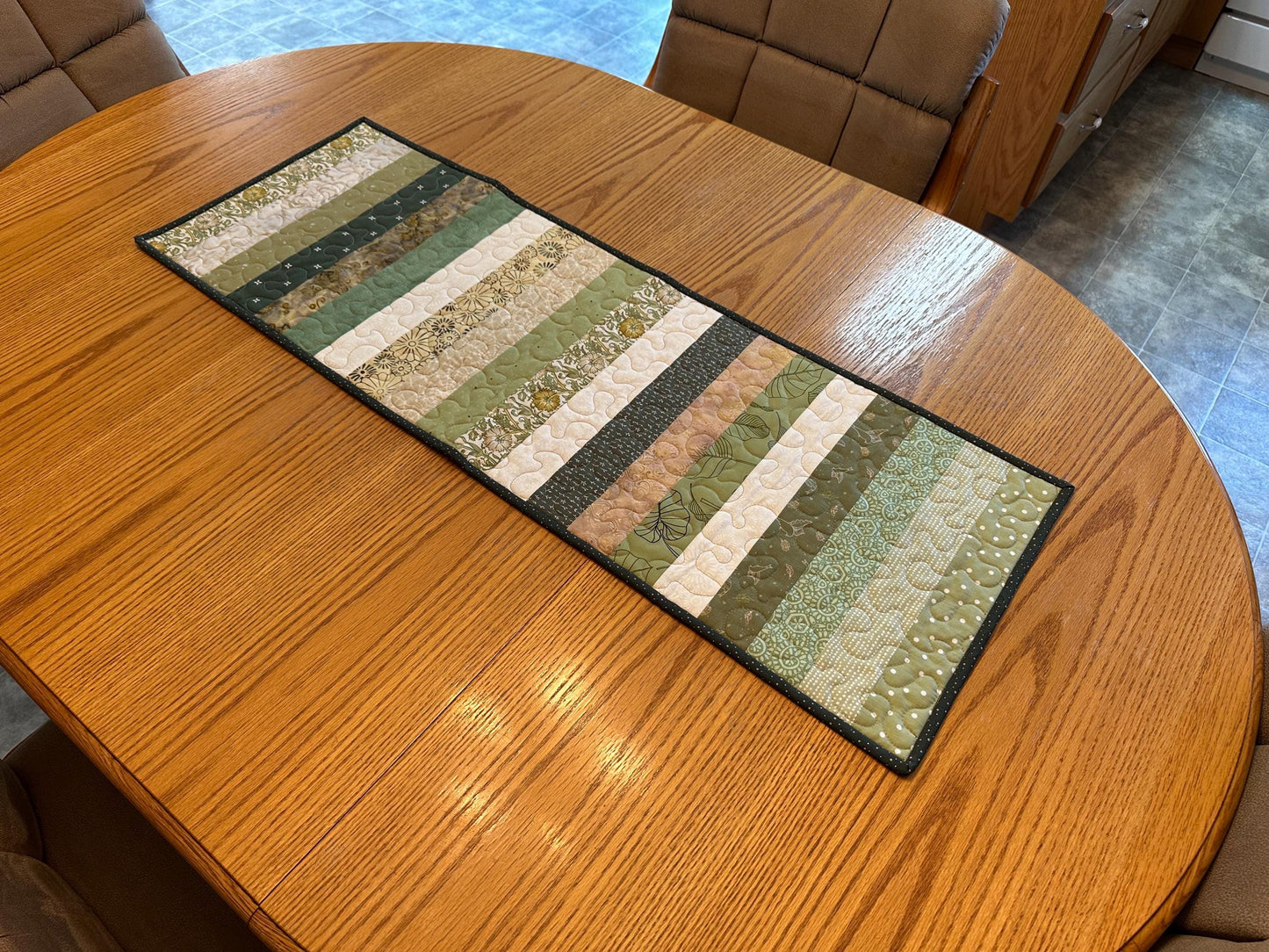 Green Floral Quilted Table Runner: 14 x 40, Handmade Kitchen Centerpiece Seasonal Home Decor