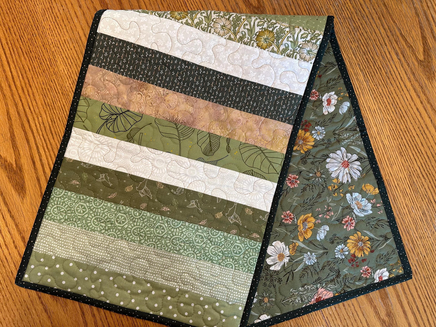Green Floral Quilted Table Runner: 14 x 40, Handmade Kitchen Centerpiece Seasonal Home Decor