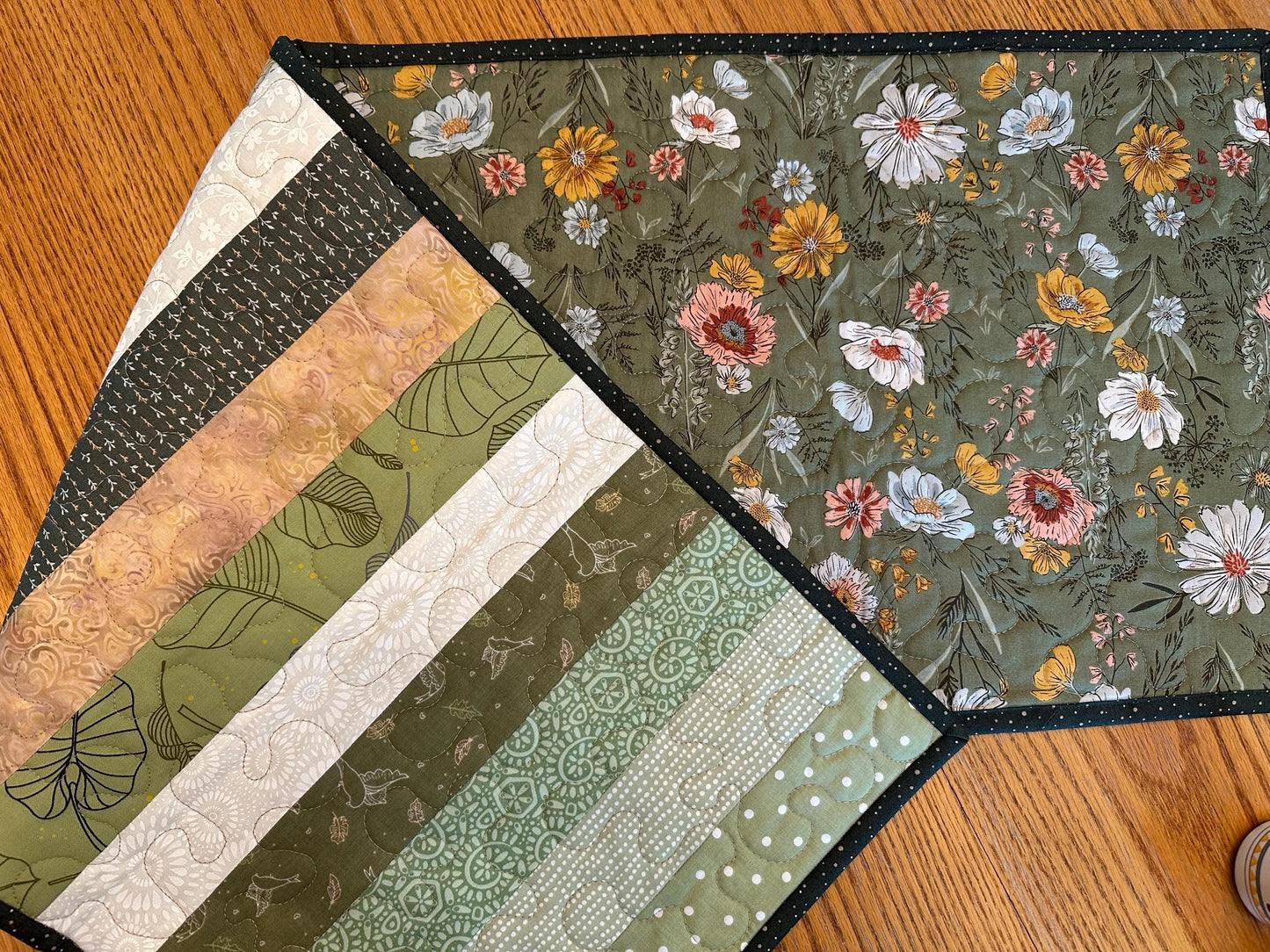 Green Floral Quilted Table Runner: 14 x 40, Handmade Kitchen Centerpiece Seasonal Home Decor