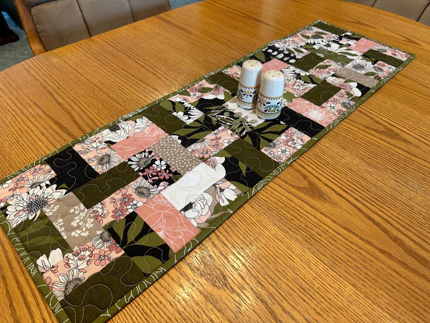 Floral Quilted Table Runner: Handmade Cotton Kitchen Centerpiece 13x40