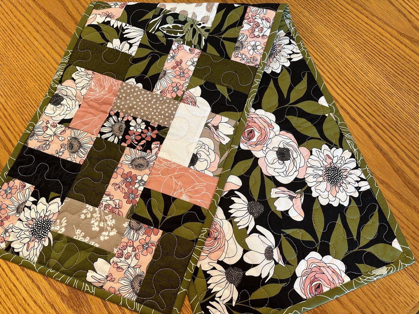 Floral Quilted Table Runner: Handmade Cotton Kitchen Centerpiece 13x40