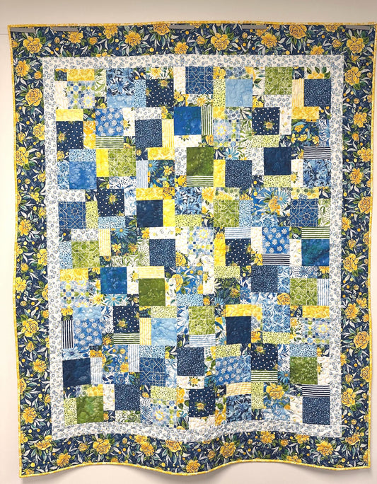Handmade Patchwork Quilt: Sunshine Blue Skies Floral Cotton Throw 59x72