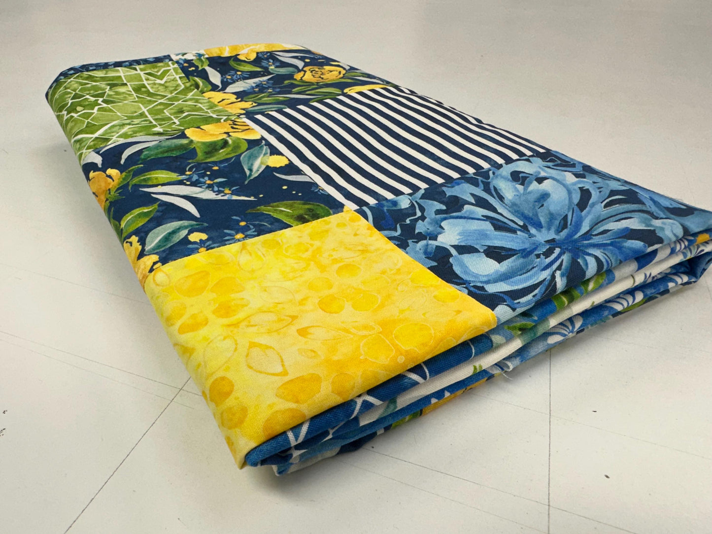 Handmade Floral Patchwork Unfinished Quilt Top: Blue, Yellow, Green 60x73