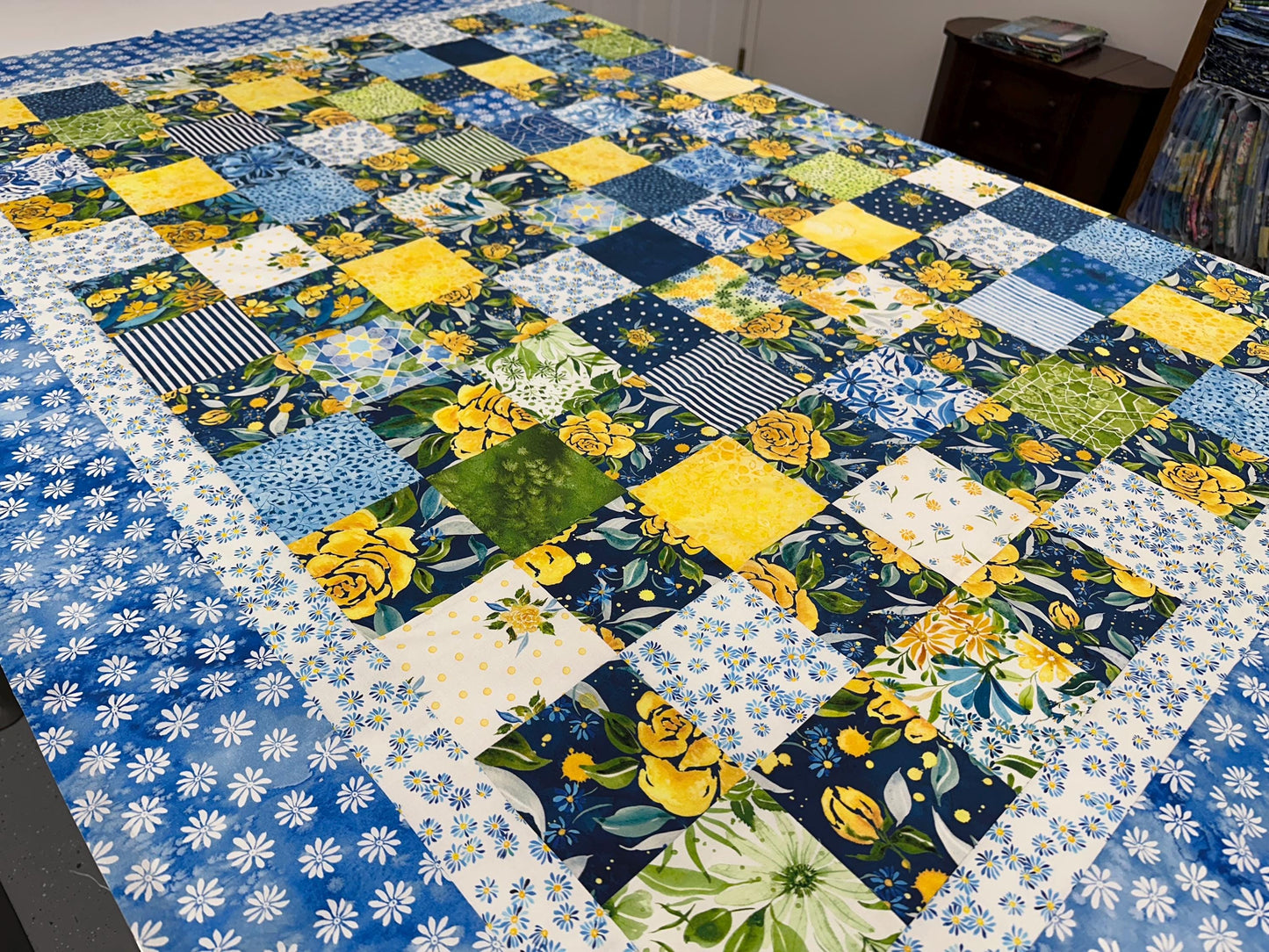 Handmade Floral Patchwork Unfinished Quilt Top: Blue, Yellow, Green 60x73