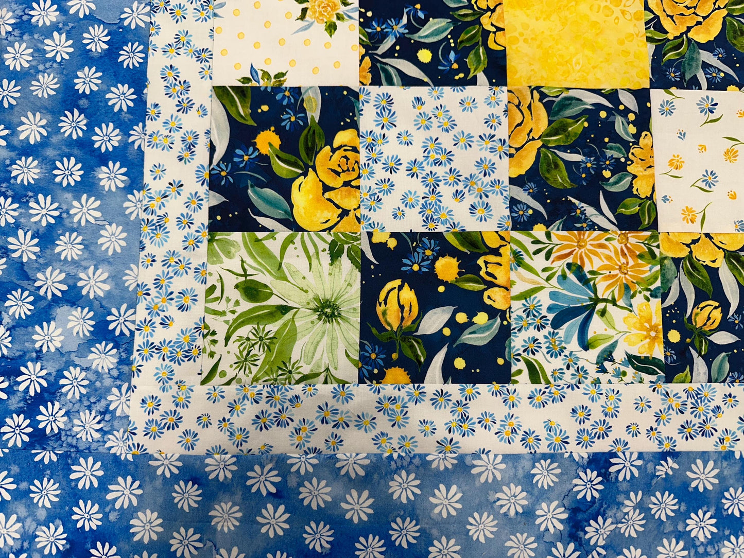 Handmade Floral Patchwork Unfinished Quilt Top: Blue, Yellow, Green 60x73