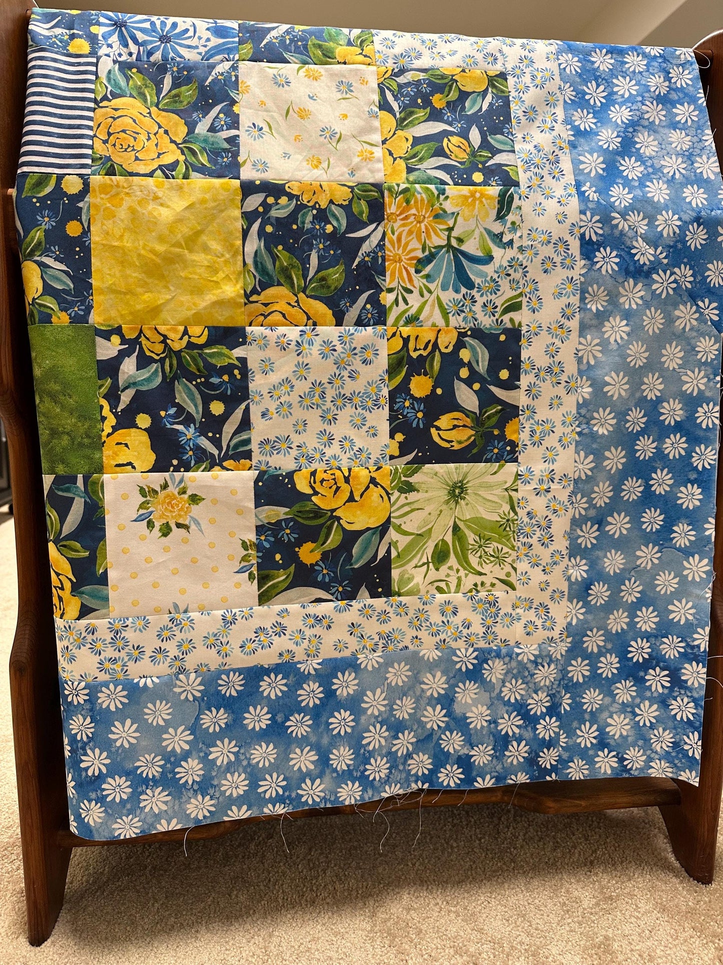 Handmade Floral Patchwork Unfinished Quilt Top: Blue, Yellow, Green 60x73