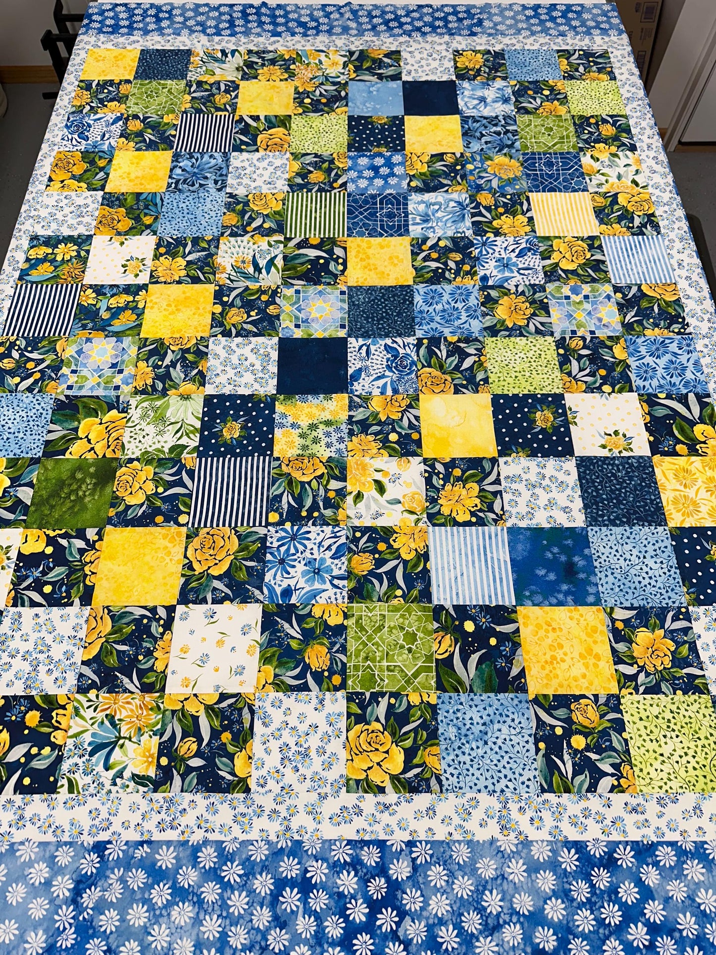 Handmade Floral Patchwork Unfinished Quilt Top: Blue, Yellow, Green 60x73