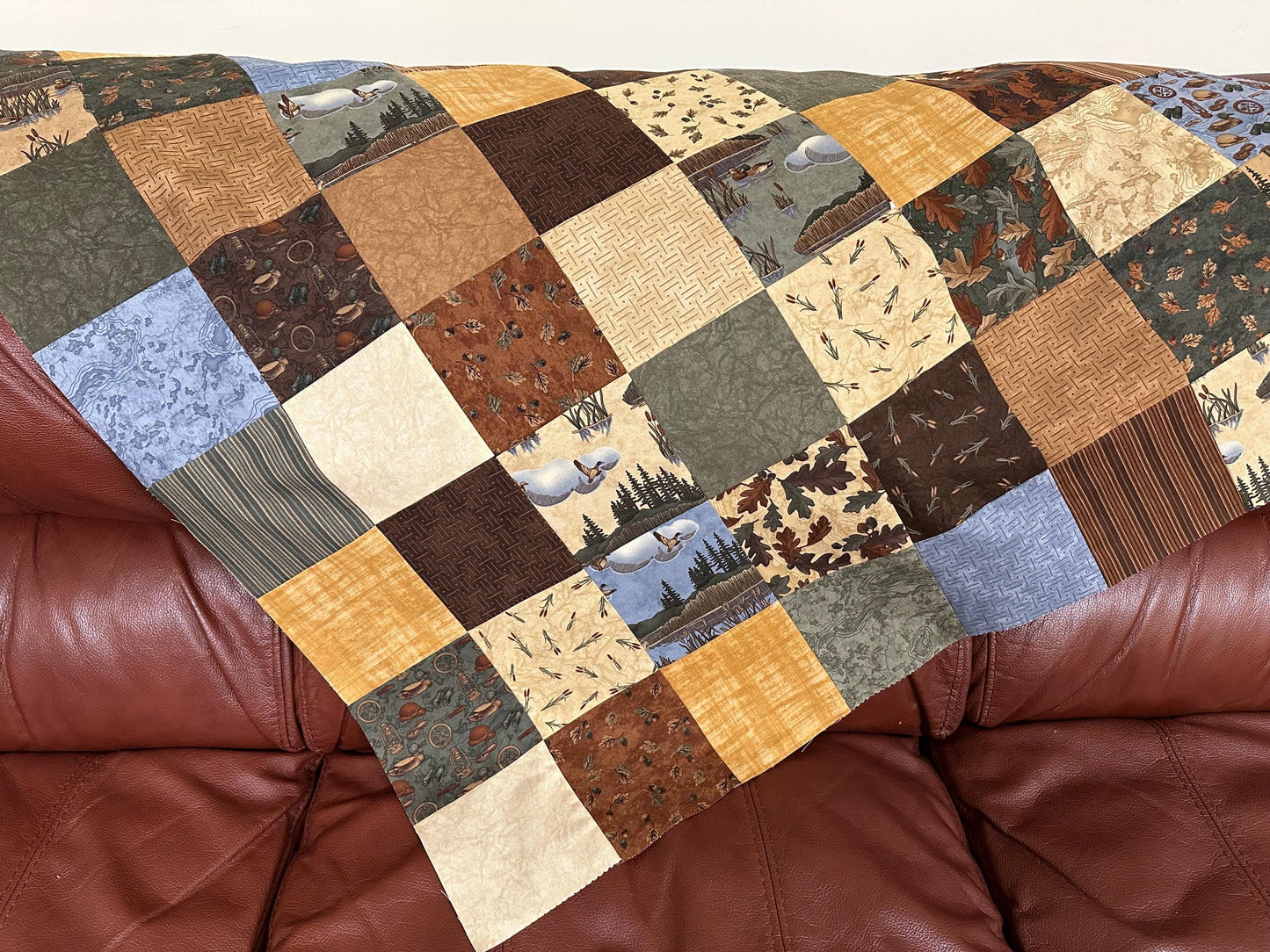 Unfinished Patchwork Quilt Top: Lake Lodge Fishing Theme for Sofa, Lap Throw, 36x45 Handmade