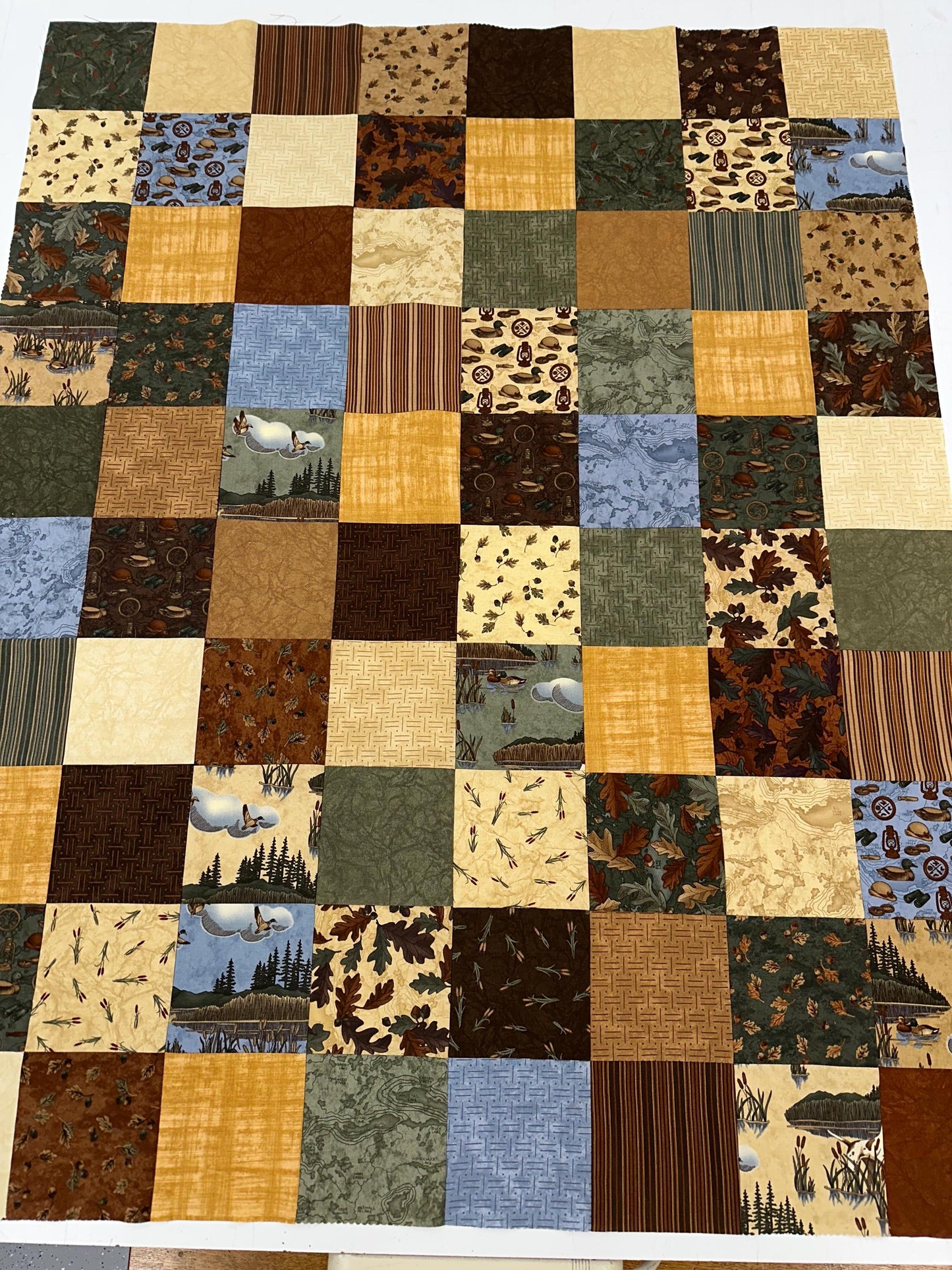 Unfinished Patchwork Quilt Top: Lake Lodge Fishing Theme for Sofa, Lap Throw, 36x45 Handmade