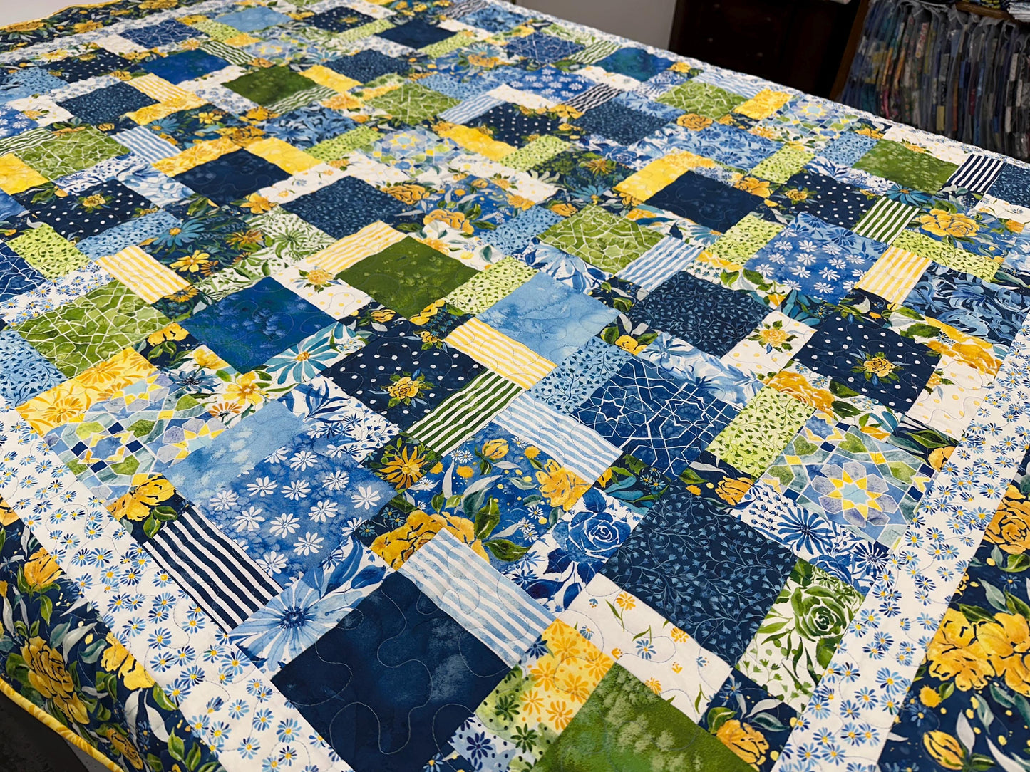Handmade Patchwork Quilt: Sunshine Blue Skies Floral Cotton Throw 59x72