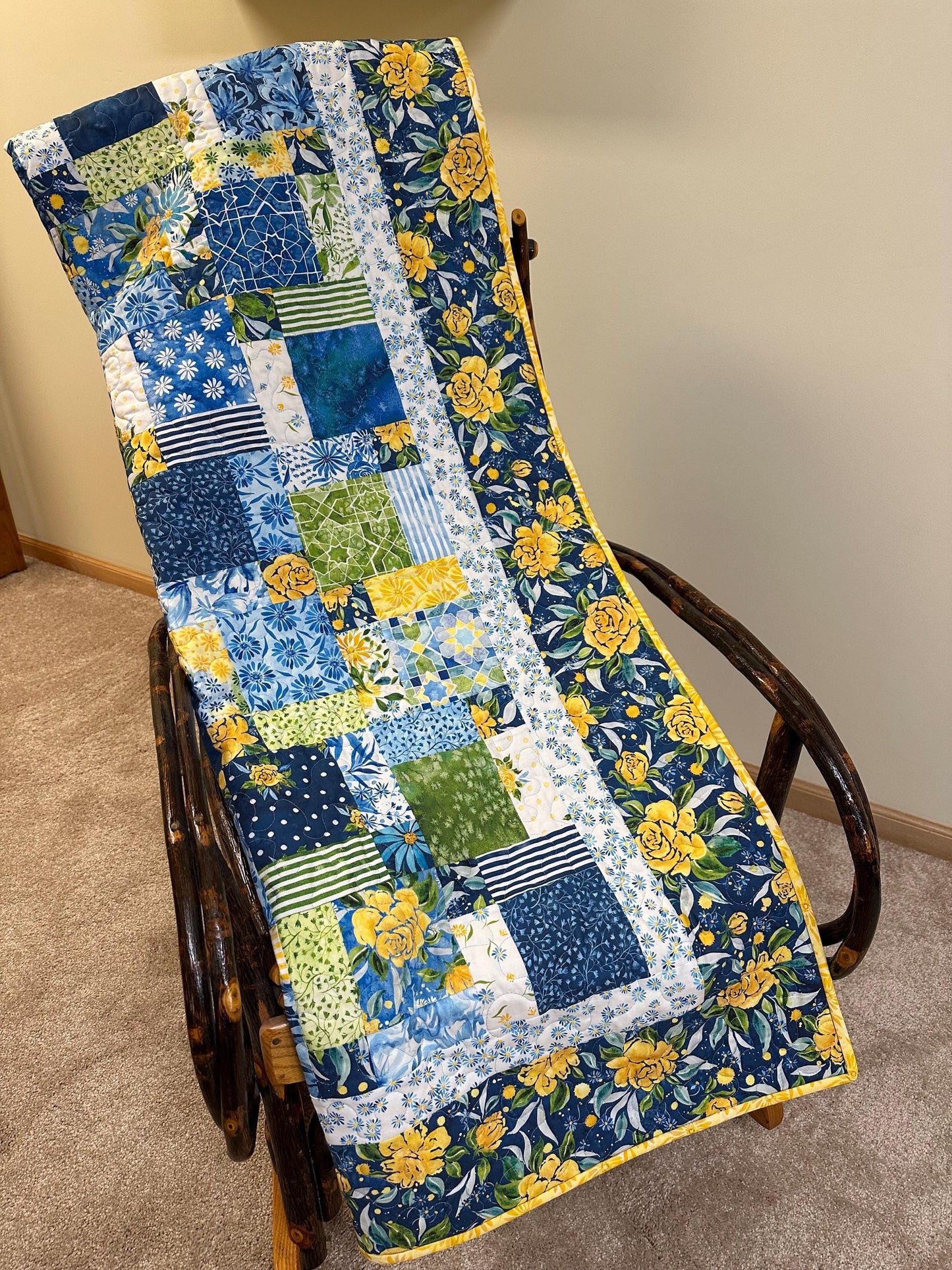 Handmade Patchwork Quilt: Sunshine Blue Skies Floral Cotton Throw 59x72