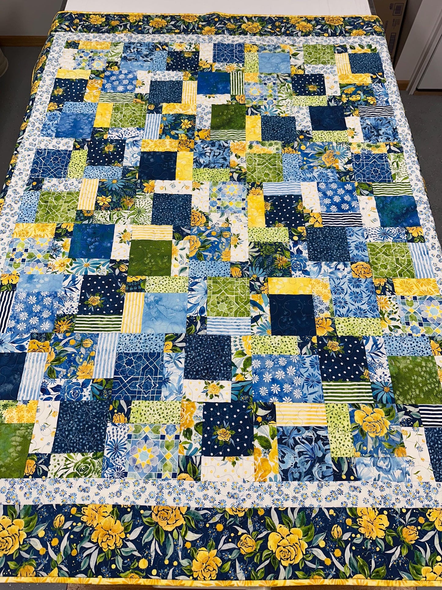 Handmade Patchwork Quilt: Sunshine Blue Skies Floral Cotton Throw 59x72