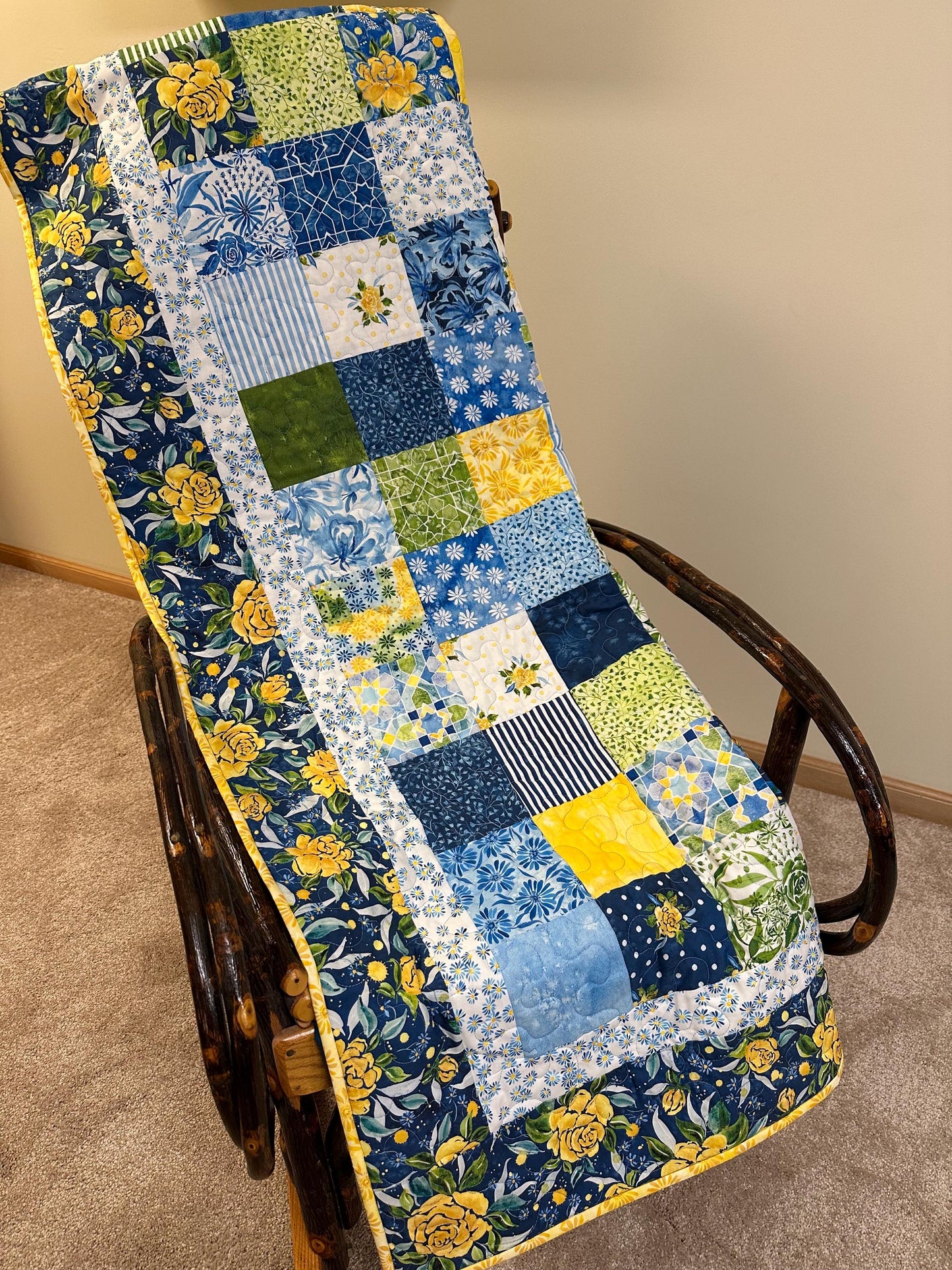 Handmade Patchwork Quilt: Sunshine Blue Skies Floral Cotton Throw 58x72