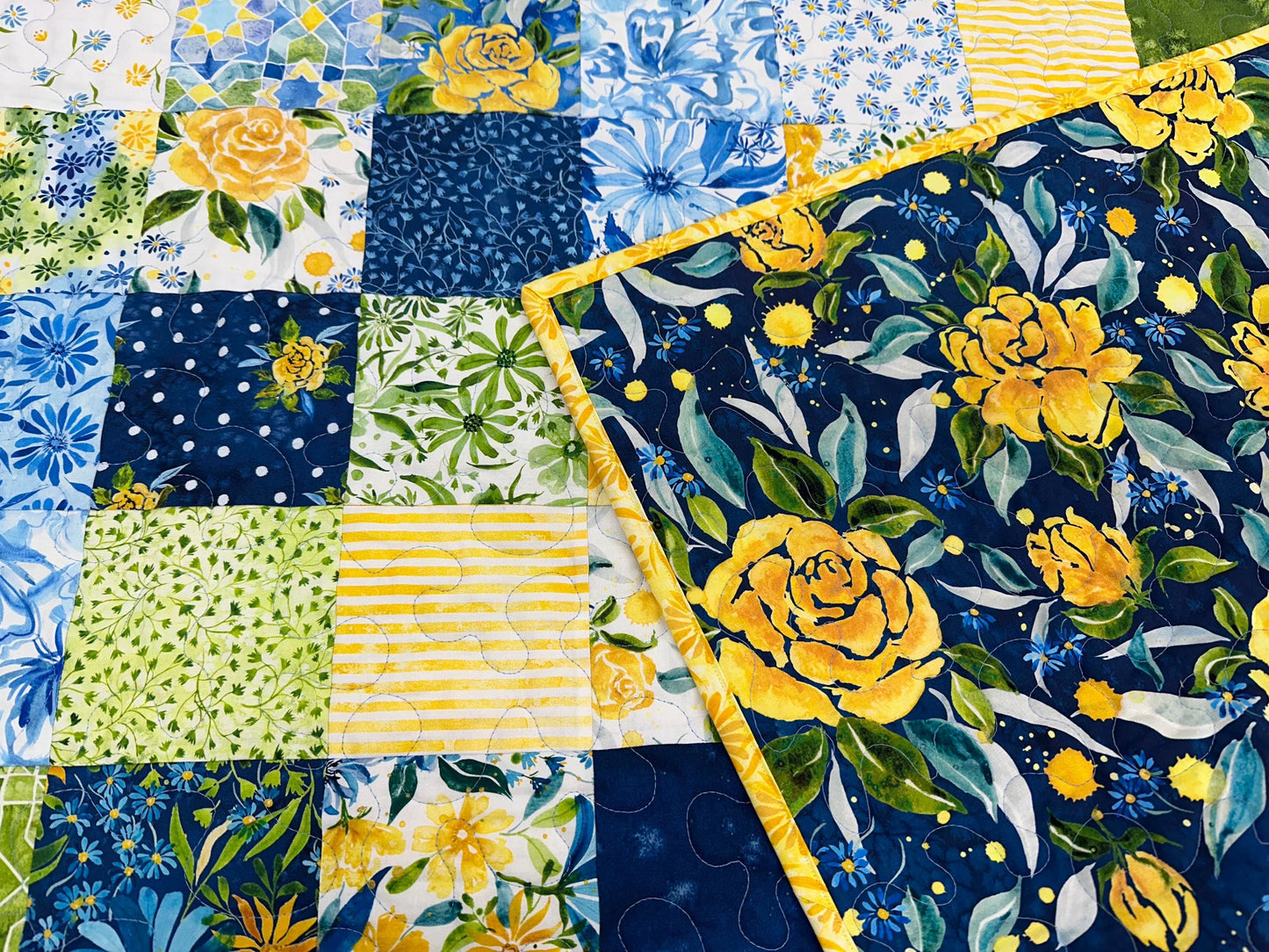 Handmade Patchwork Quilt: Sunshine Blue Skies Floral Cotton Throw 58x72