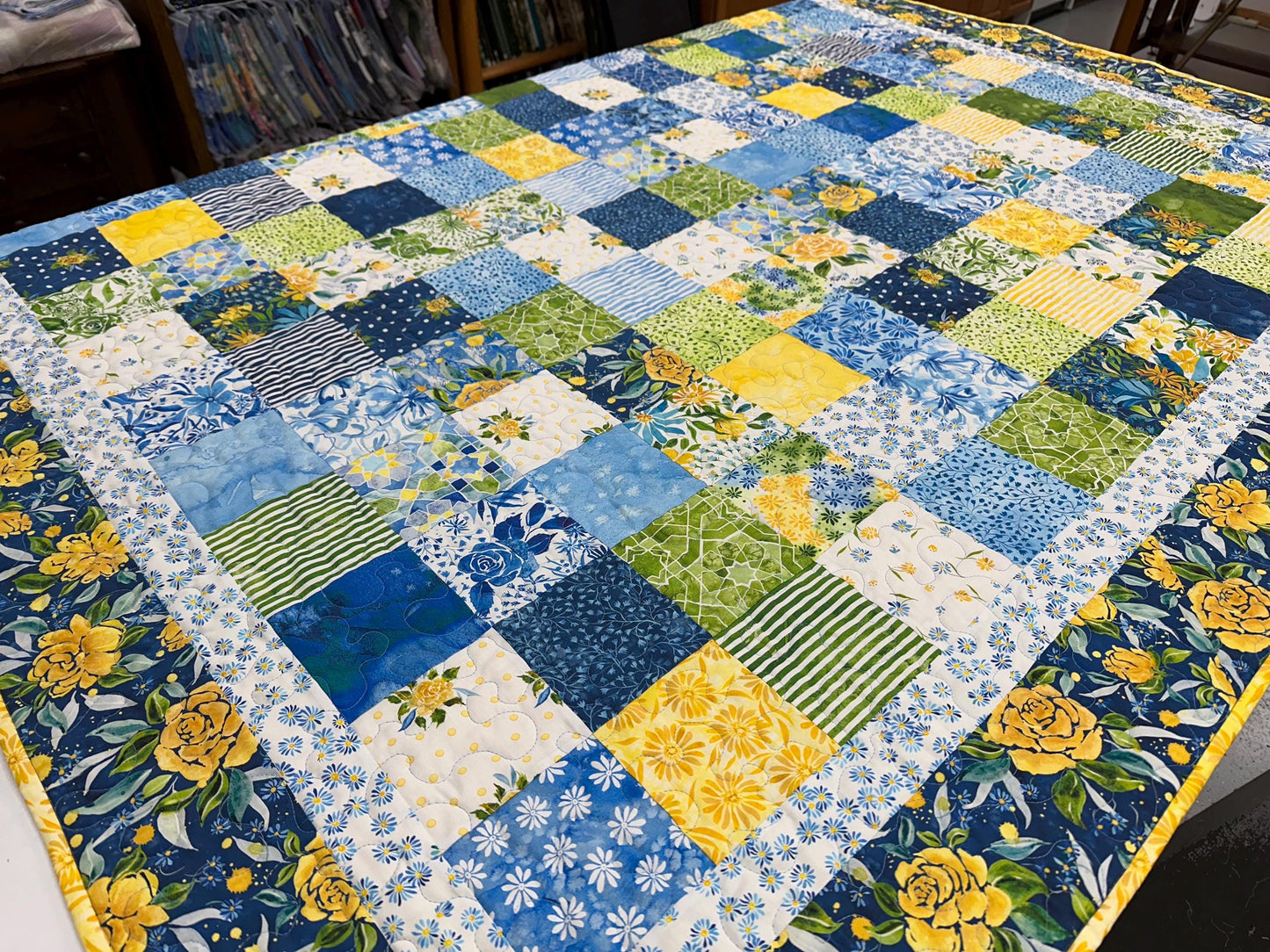 Handmade Patchwork Quilt: Sunshine Blue Skies Floral Cotton Throw 58x72