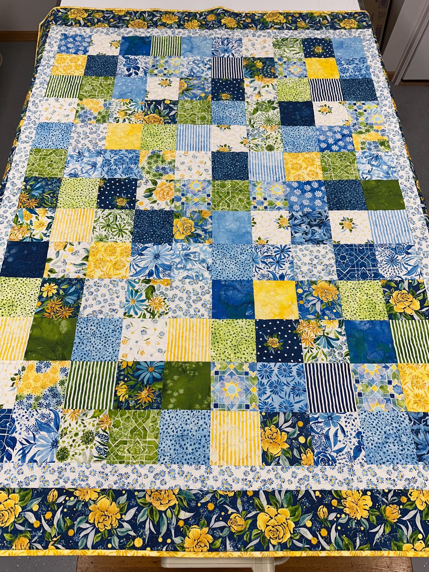 Handmade Patchwork Quilt: Sunshine Blue Skies Floral Cotton Throw 58x72